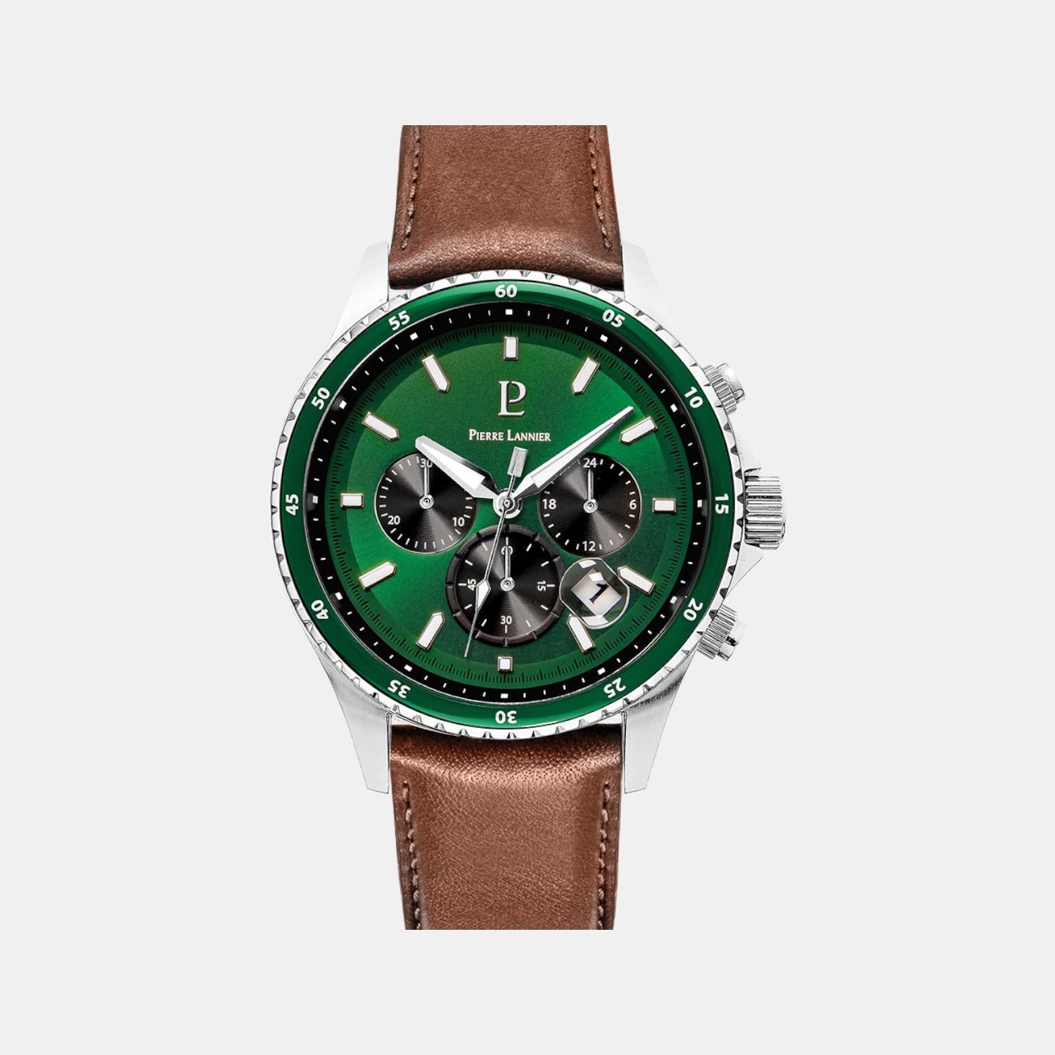 Pierre Lannier Cronos Men Quartz Green Dial Chronograph Leather Watch 227G164