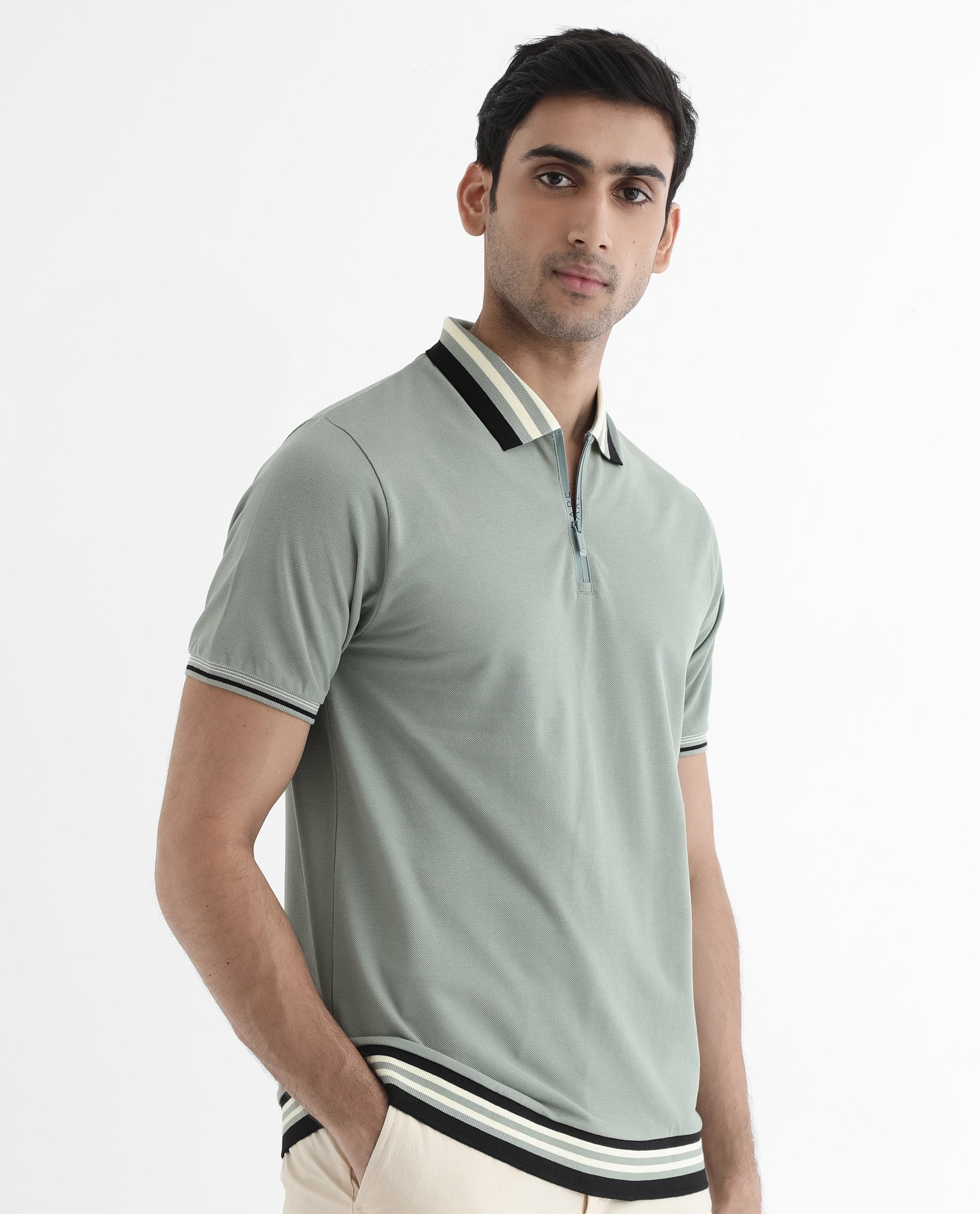 Rare Rabbit Men's Zyte Dusky Green Cotton Fabric Short Sleeves Regular Collar Zipper Closure Plain Knit Polo T-Shirt - view 6