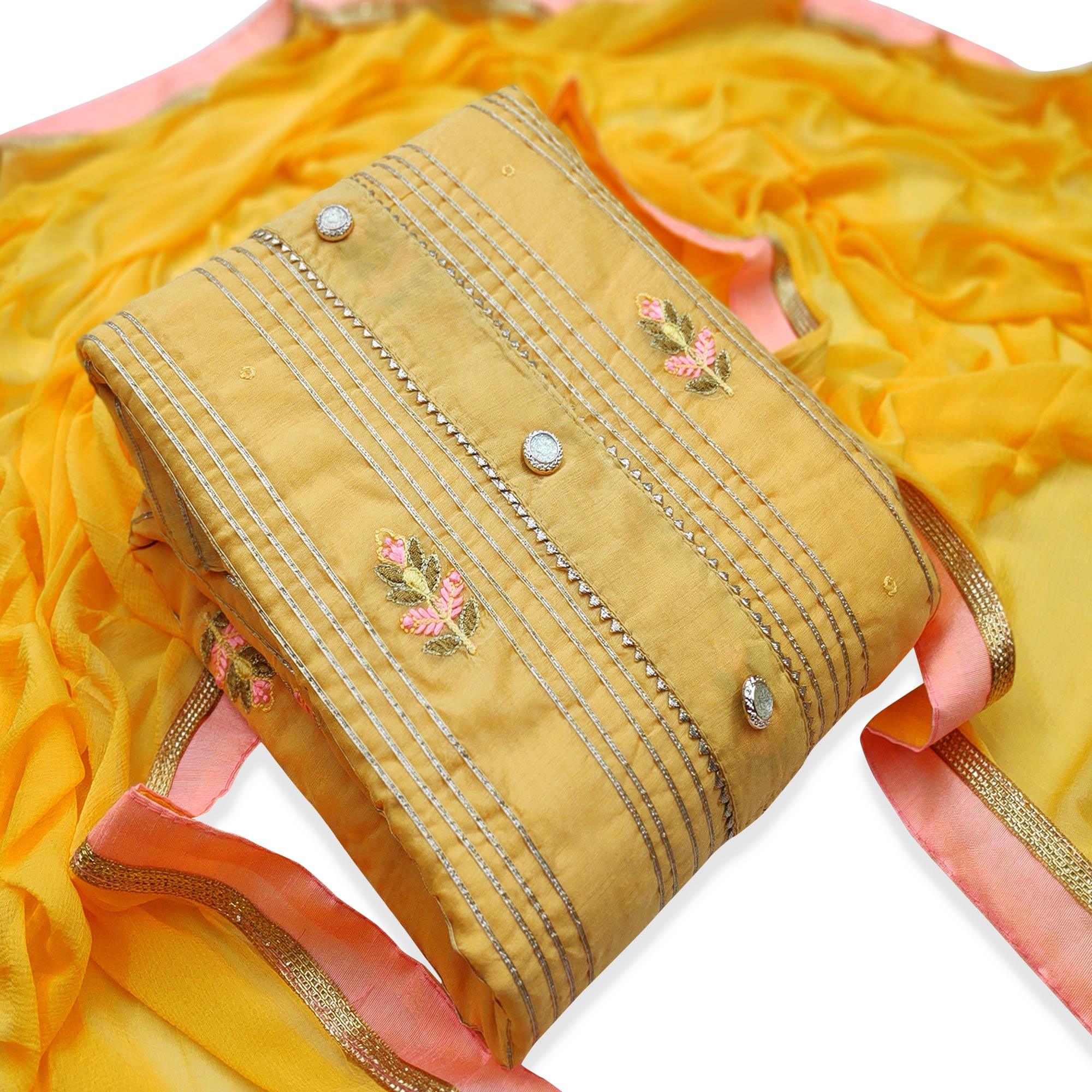 Peachmode Mesmeric Yellow Colored Casual Wear Embroidered Modal Dress Material