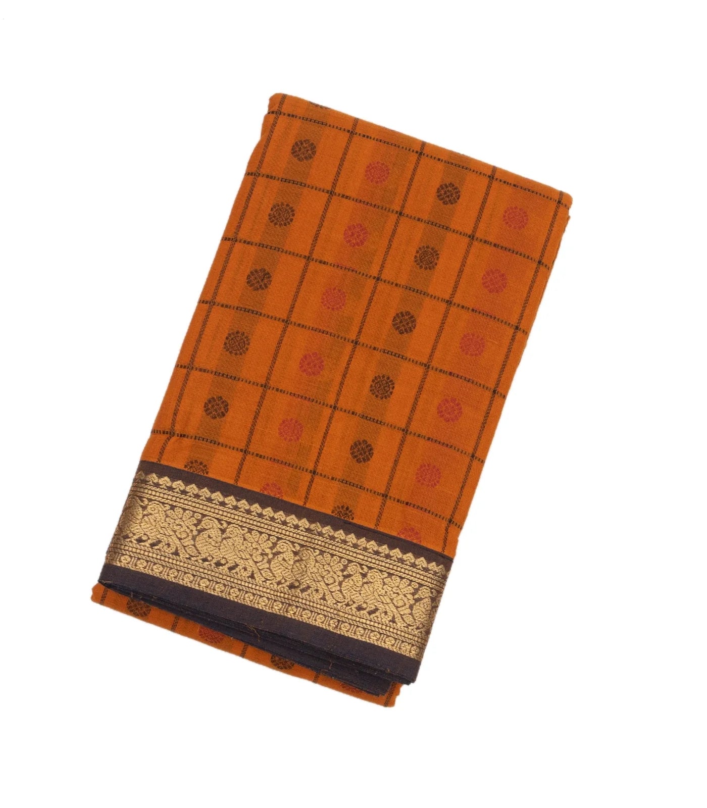 RmKV Mustard Handloom Kanchi Cotton Saree With Checks & Chakaram Motifs.