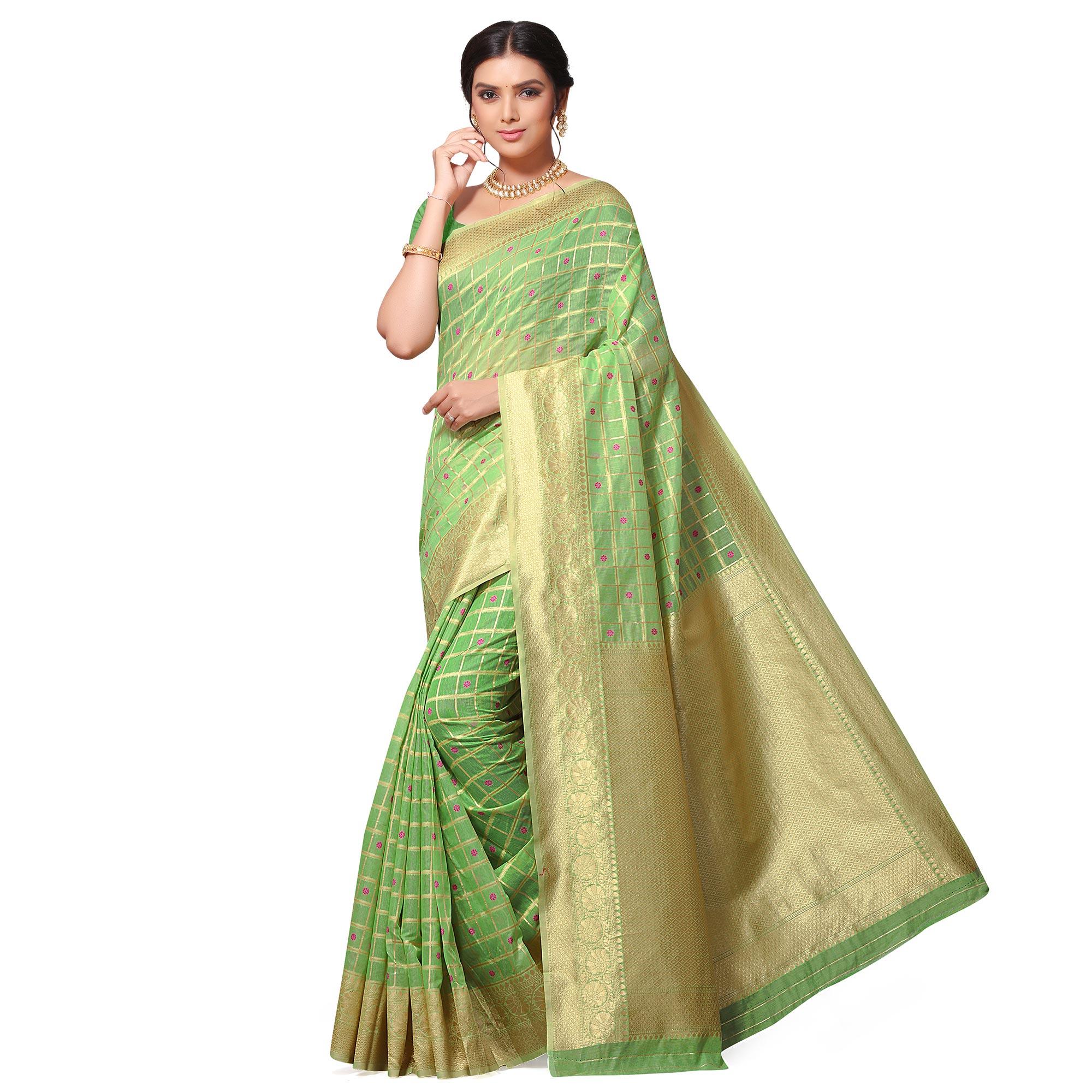 Peachmode Innovative Green Colored Festive Wear Woven Cotton-Art Silk Saree - view 5
