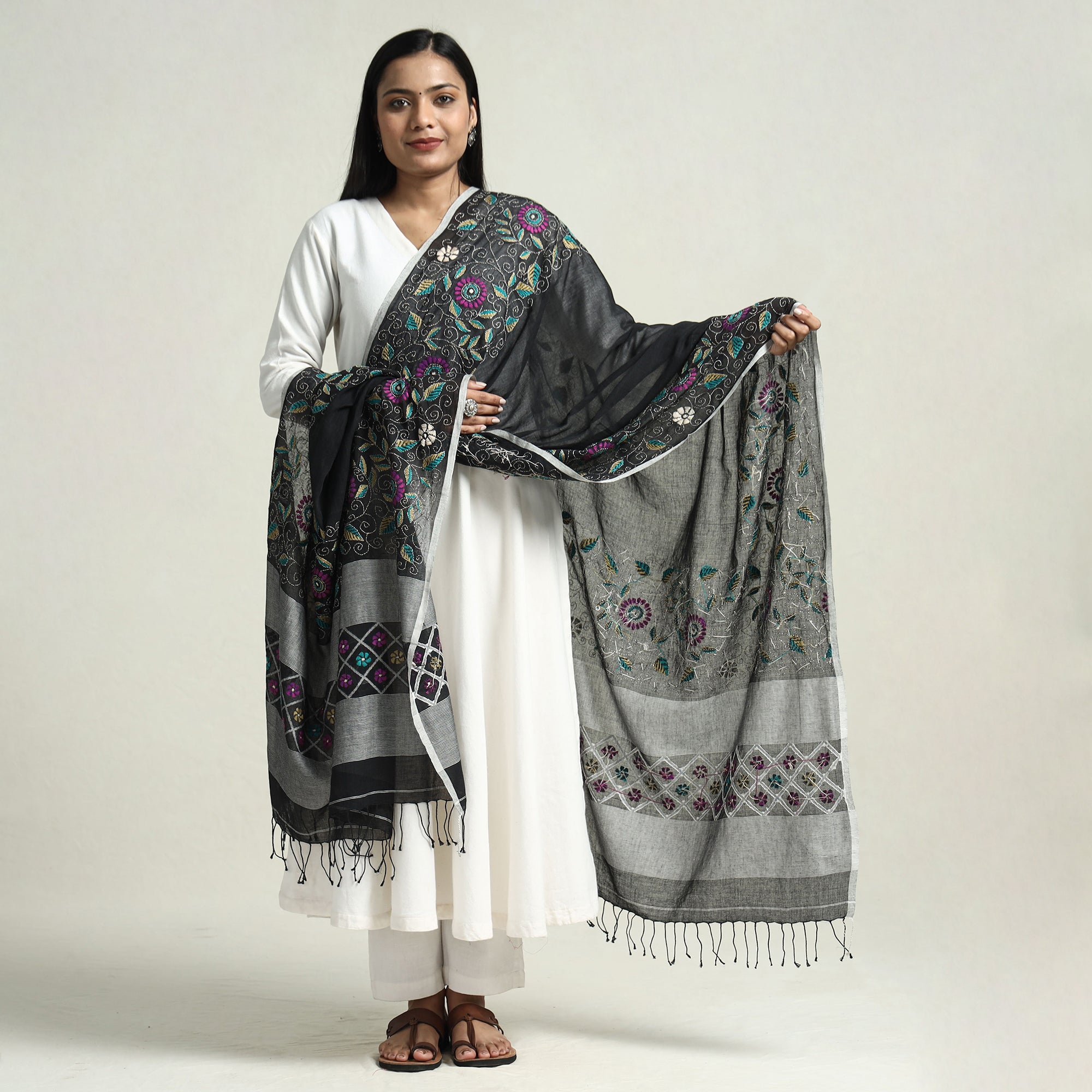 KHUSHBASH - HAPPY LOOM OF EAST Black - Bolpur Kantha Embroidery Cotton Handloom Dupatta with Tassels - view 2