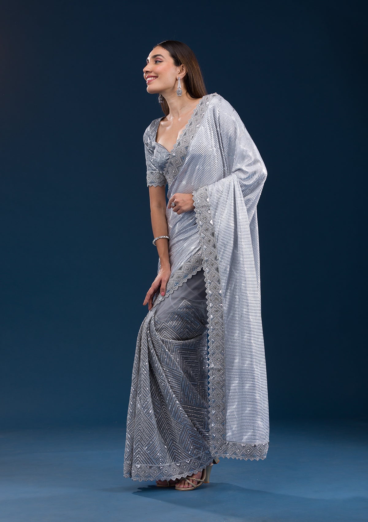 Koskii Grey Stonework Semi Crepe Saree – Women's - view 3