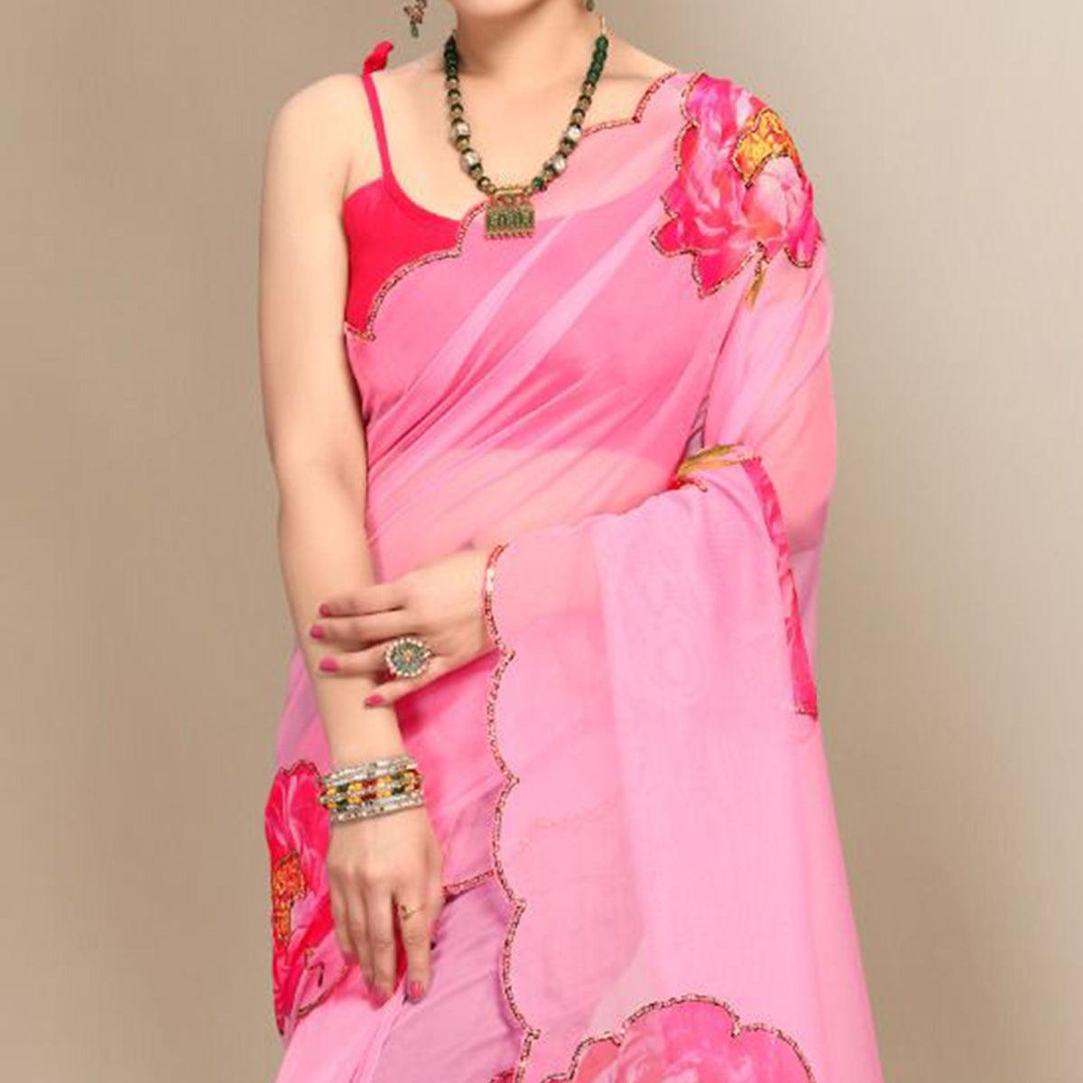 Peachmode Dark Pink Partywear Sequins & Printed Organza Saree - view 2