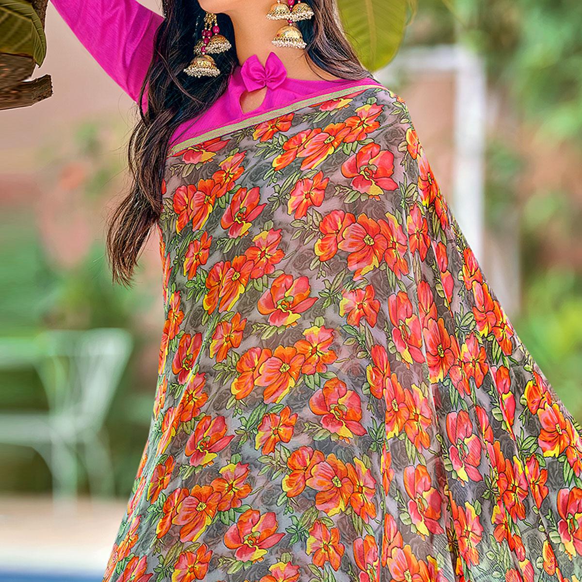 Peachmode Multicolor Casual Wear Floral Printed Chiffon Saree - view 2