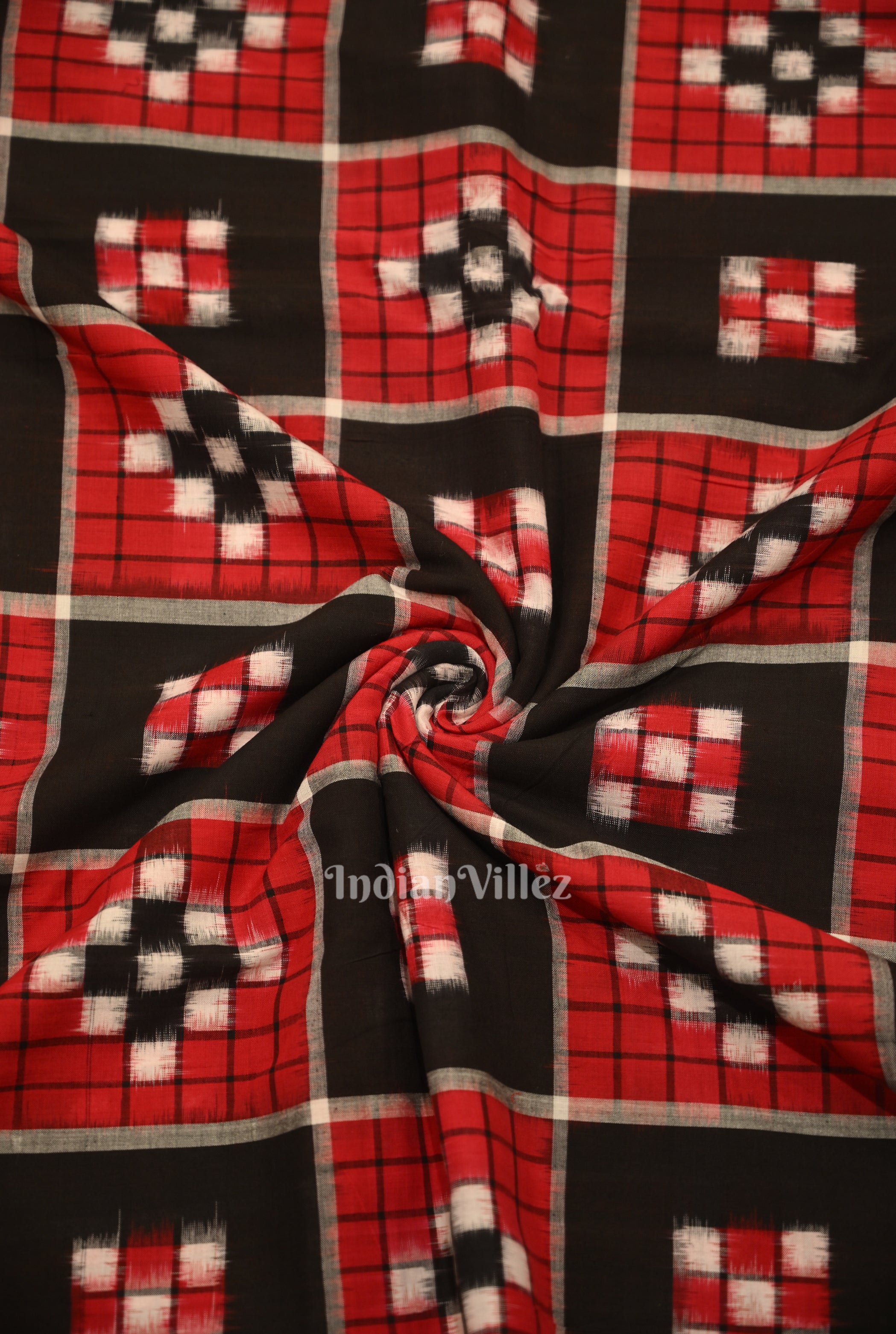 IndianVillèz Black Red Pasapali Sambalpuri Ikat Cotton Fabric