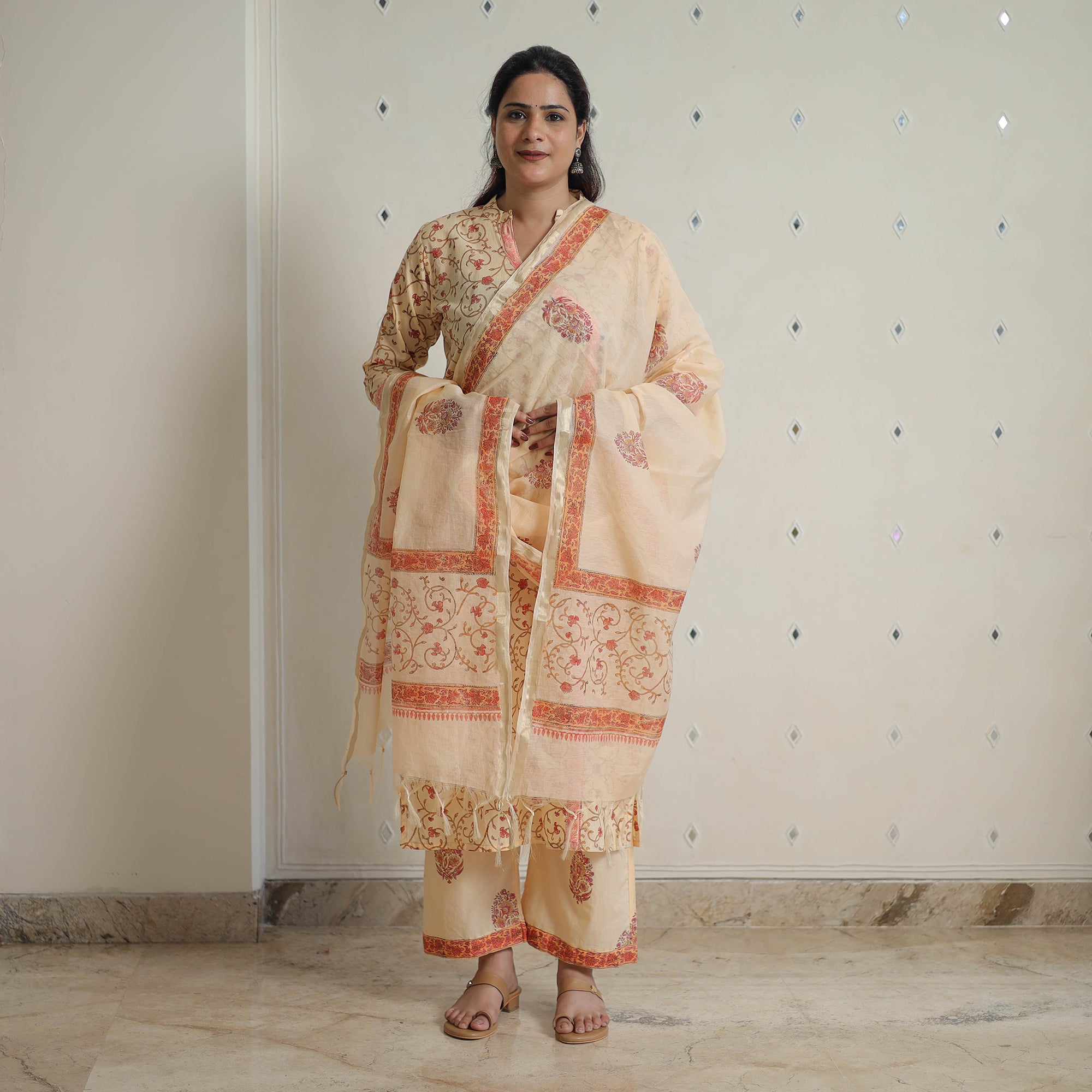 ITOKRI CASUALS Beige - Sanganeri Block Print Cotton Kurta Suit Set 05 - view 4