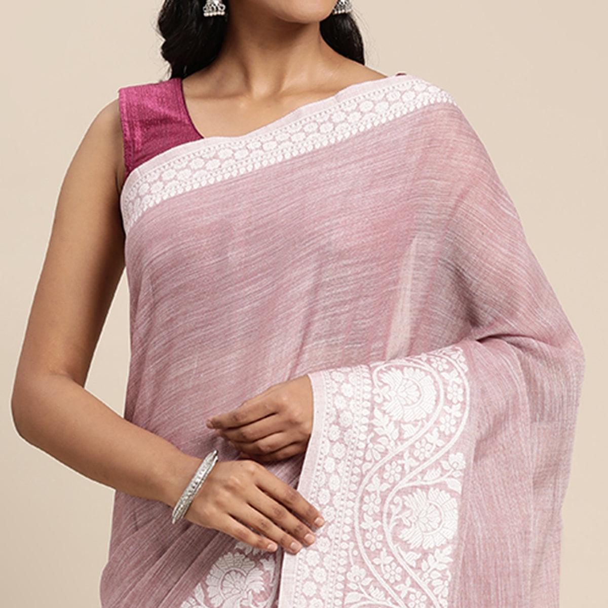 Peachmode Mauve Embroidered Linen Saree with Tassels - view 2