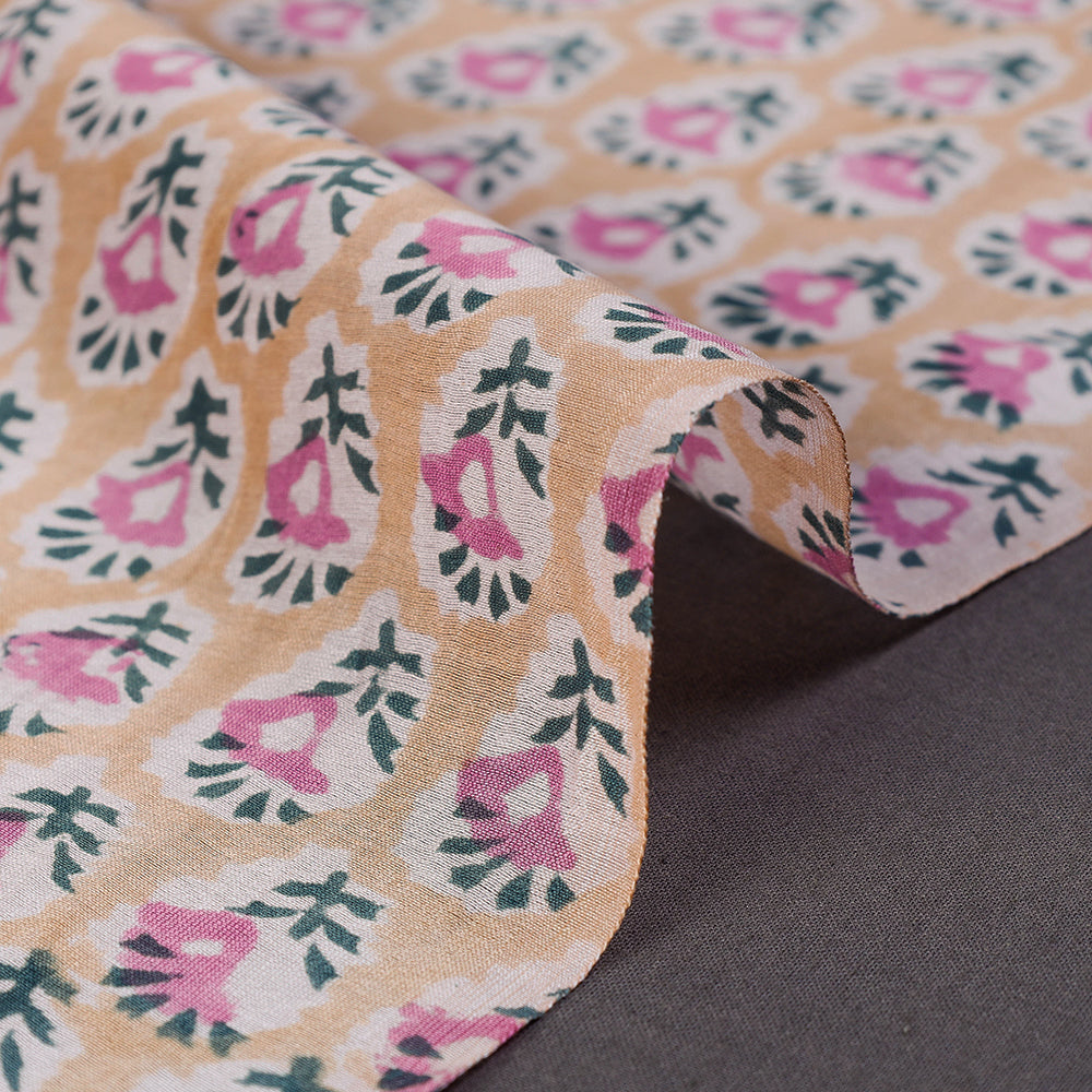 KUSUMLATA Beige - Pink Florets Sanganeri Block Printed Handloom Chanderi Silk Fabric - view 3