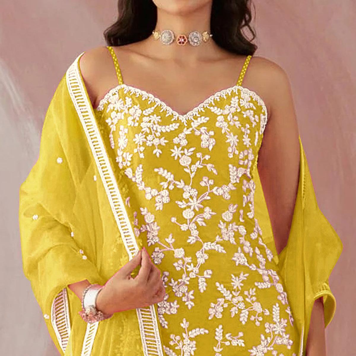 Peachmode Lemon Yellow Floral Sequins Embroidered Georgette Sharara Suit - view 3