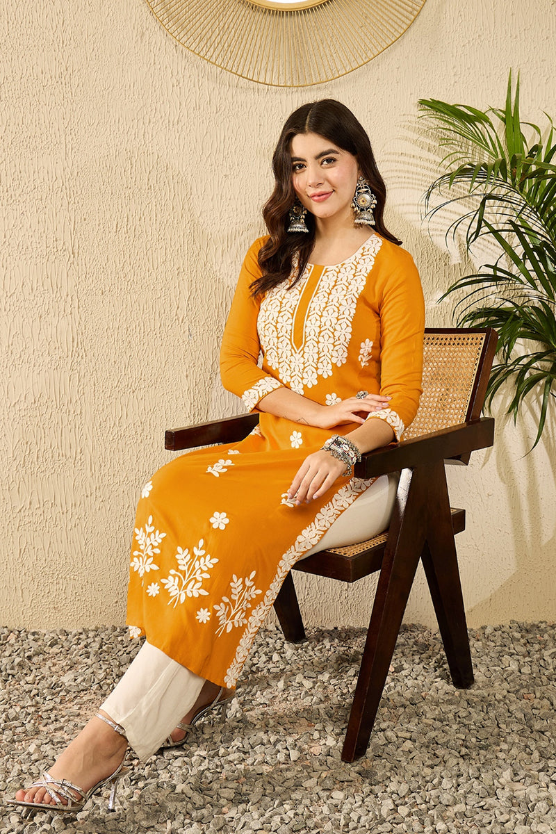 Ahika Yellow Viscose Rayon Solid Embroidered Straight Kurta VCK9785