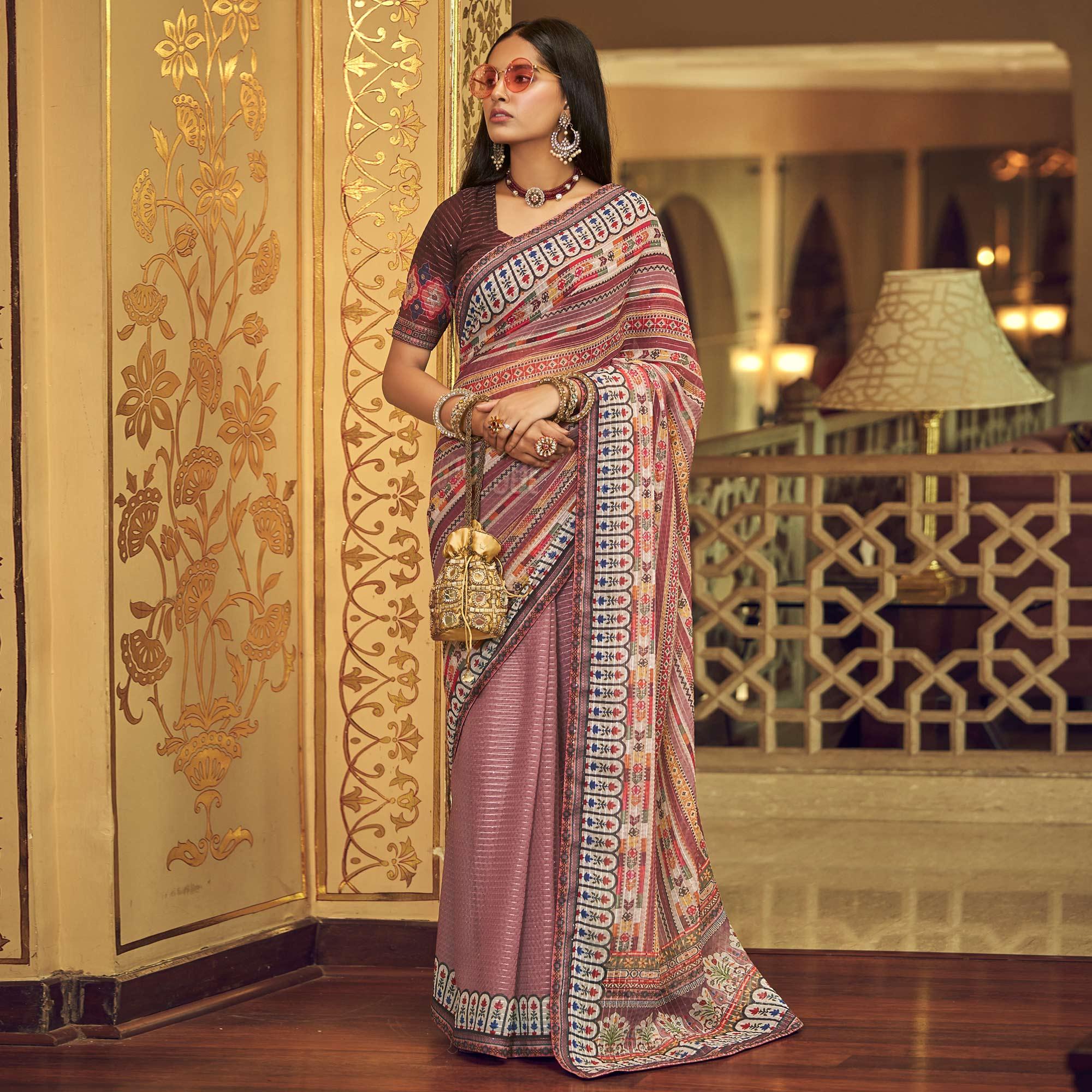 Peachmode Mauve Printed With Embellished Georgette Half and Half Saree - view 4