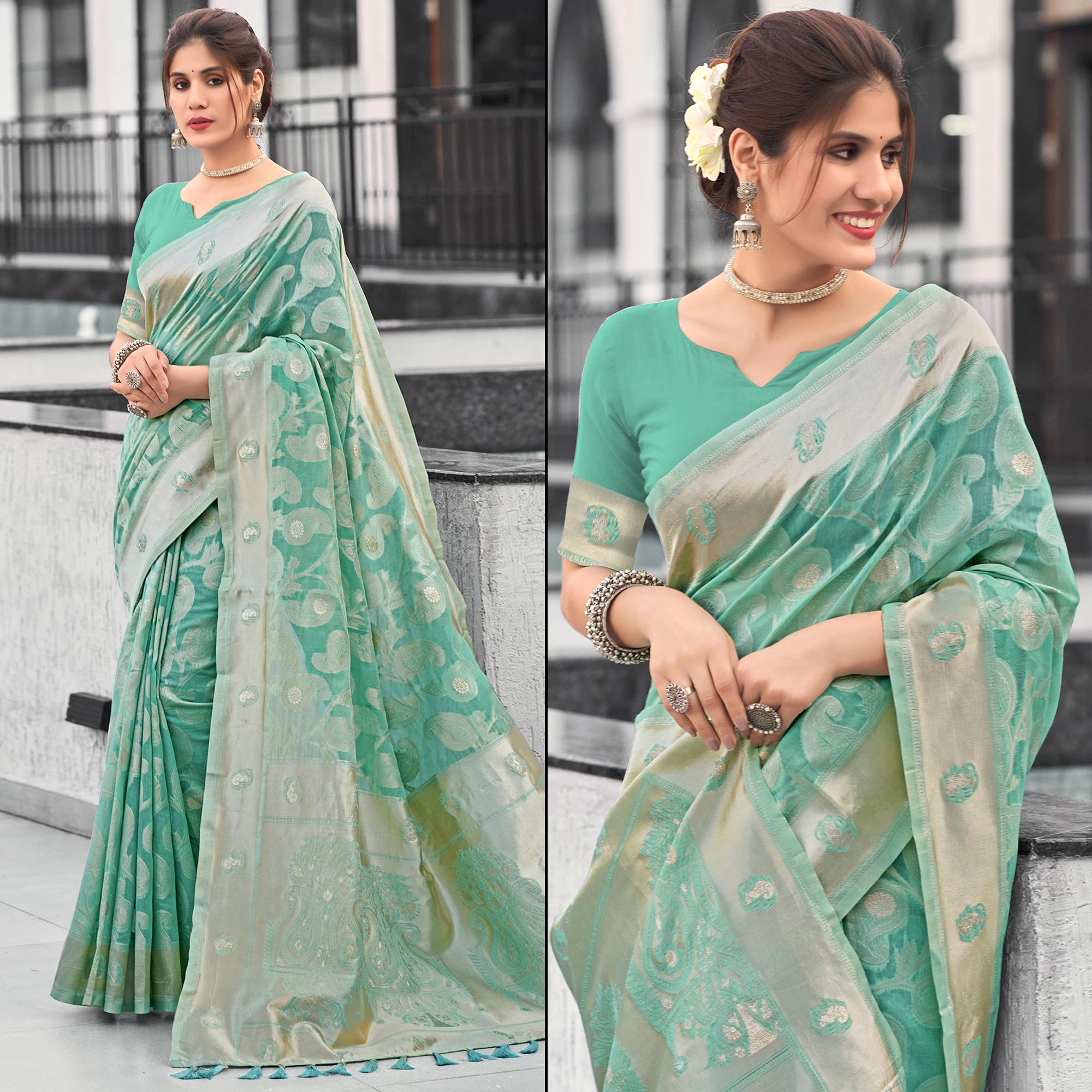 Peachmode Light Rama Green Woven Cotton Silk Saree With Tassels