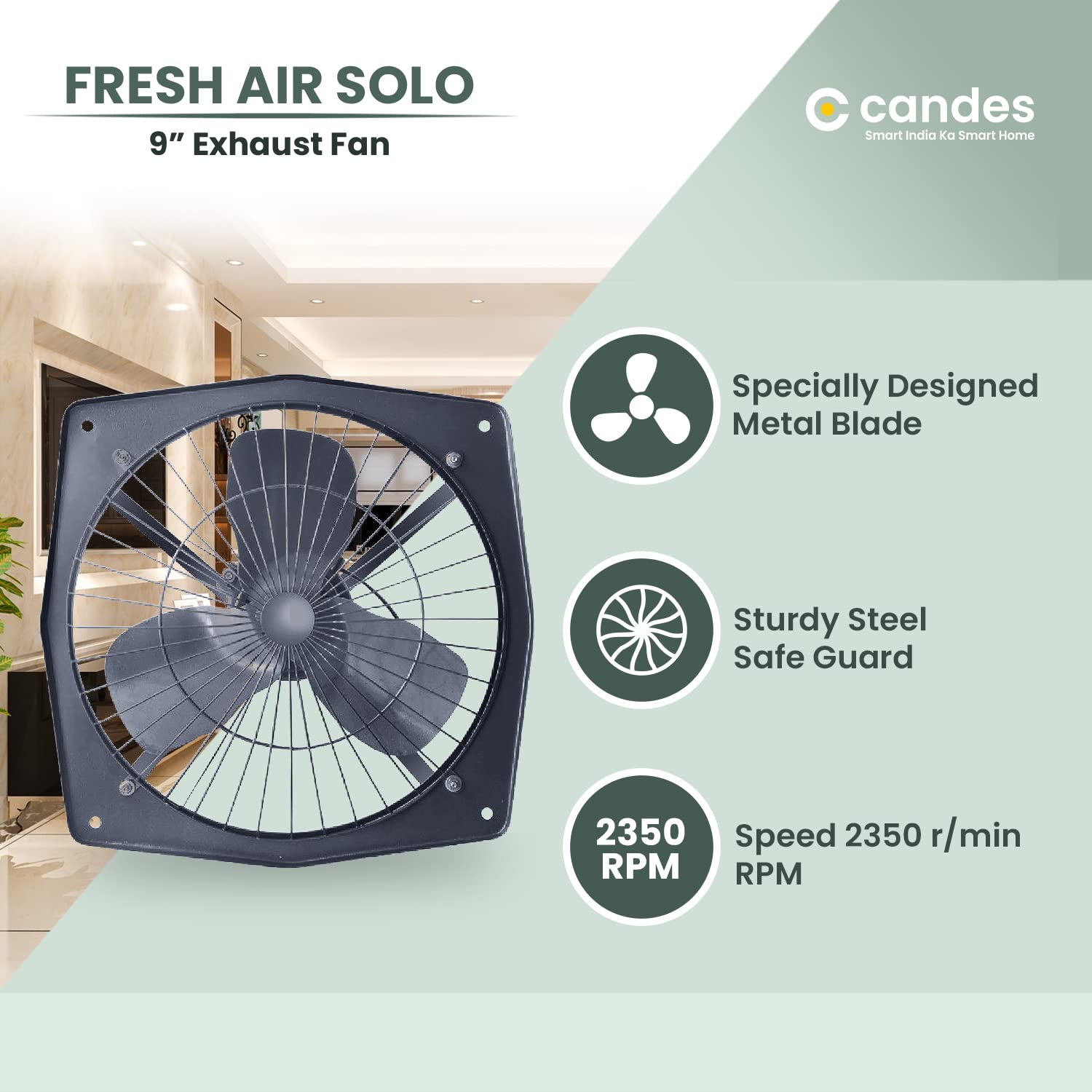 Candes High Speed Solo Fan 9inch / 230 mm 3 Blade Exhaust Fan (Black, Pack of 1) - view 3
