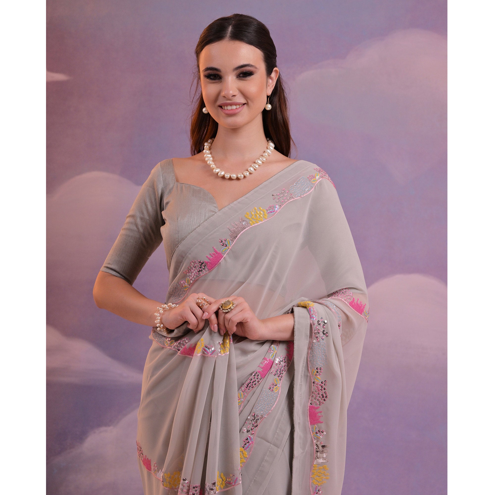 Peachmode Grey Sequins Embroidered Georgette Saree With Lace Border - view 6