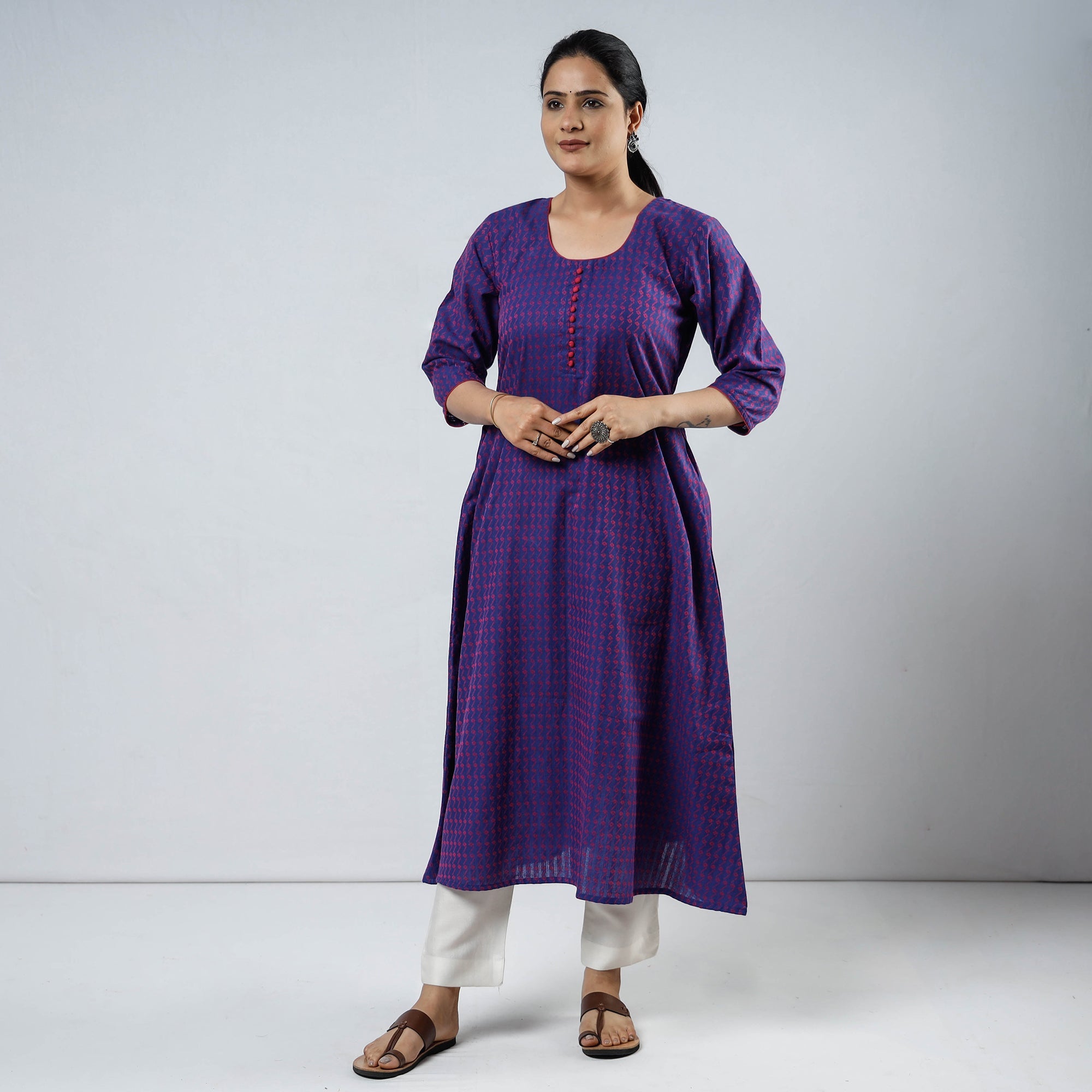 ITOKRI CASUALS Blue & Pink Jacquard Cotton Long Kurta - view 2