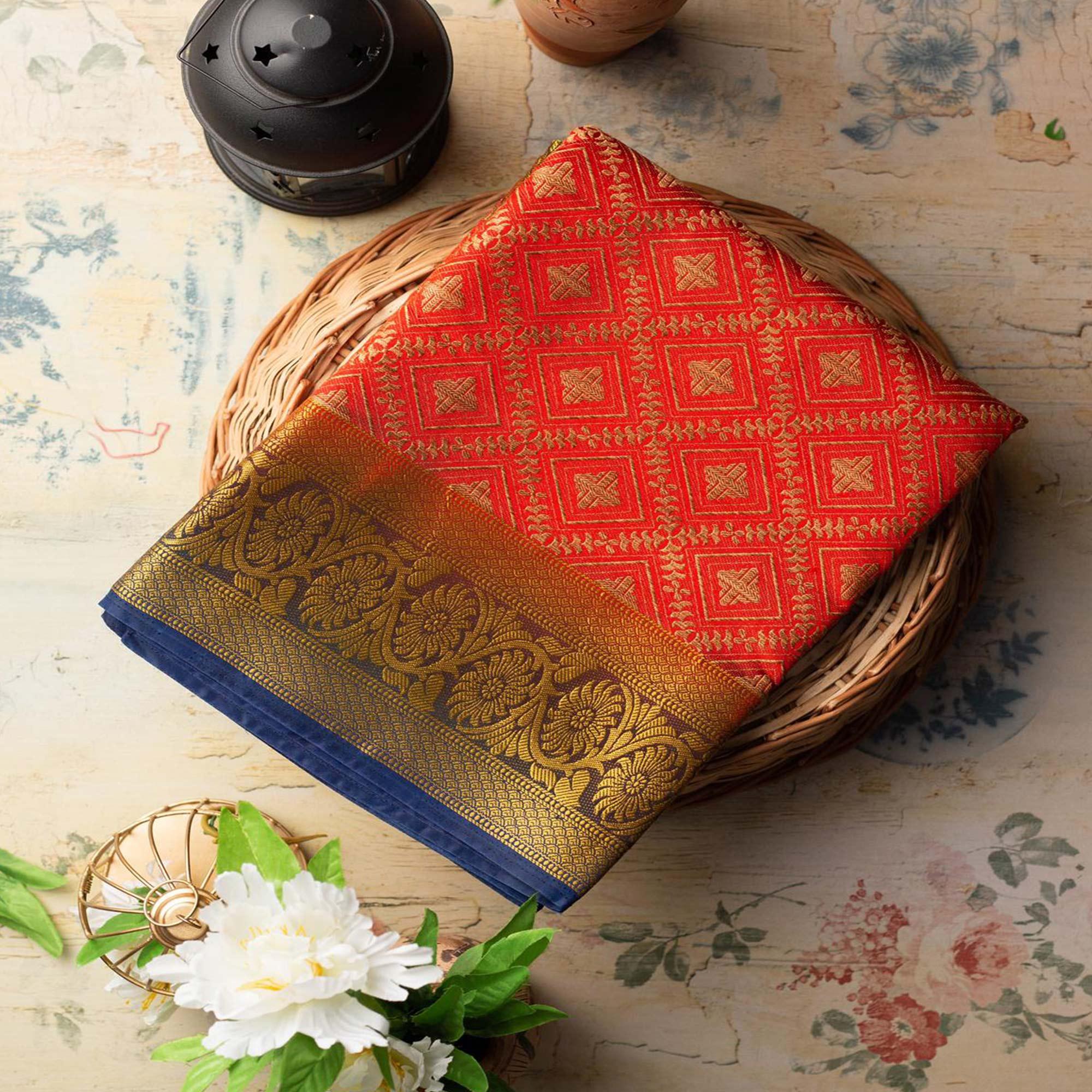 Peachmode Classy Red Colored Festive Wear Woven Art Silk Saree