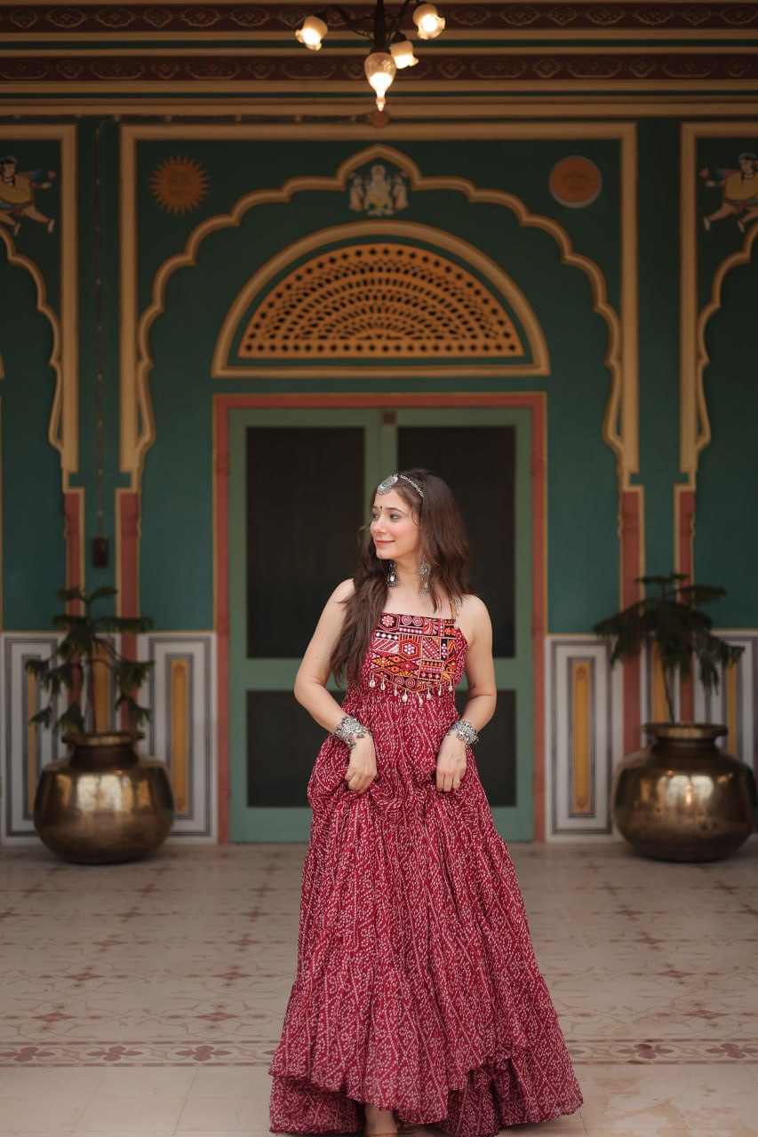 ClothsVilla Maroon Bandhani Print Sleeveless Gown with Kutchi Patchwork - view 4