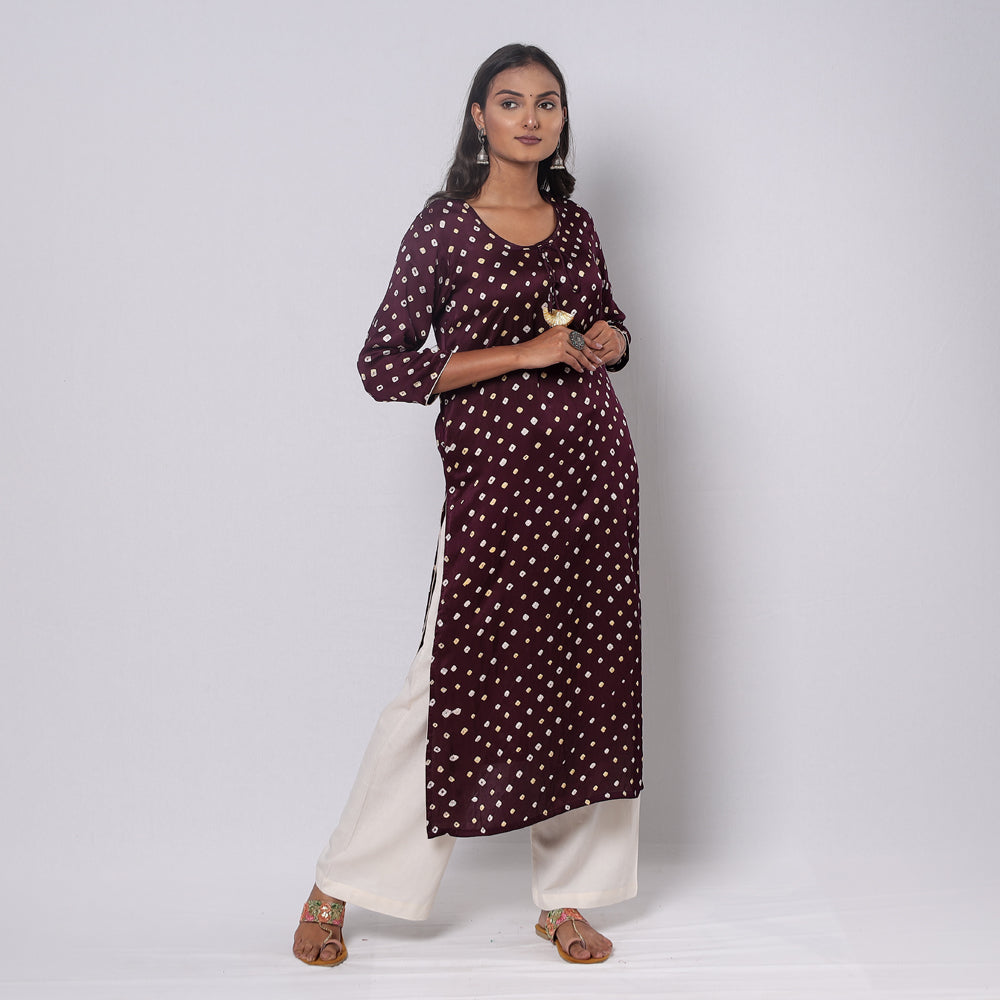 ITOKRI CASUALS Brown - Bandhani Tie-dye Modal Silk Long Straight Kurta - view 2