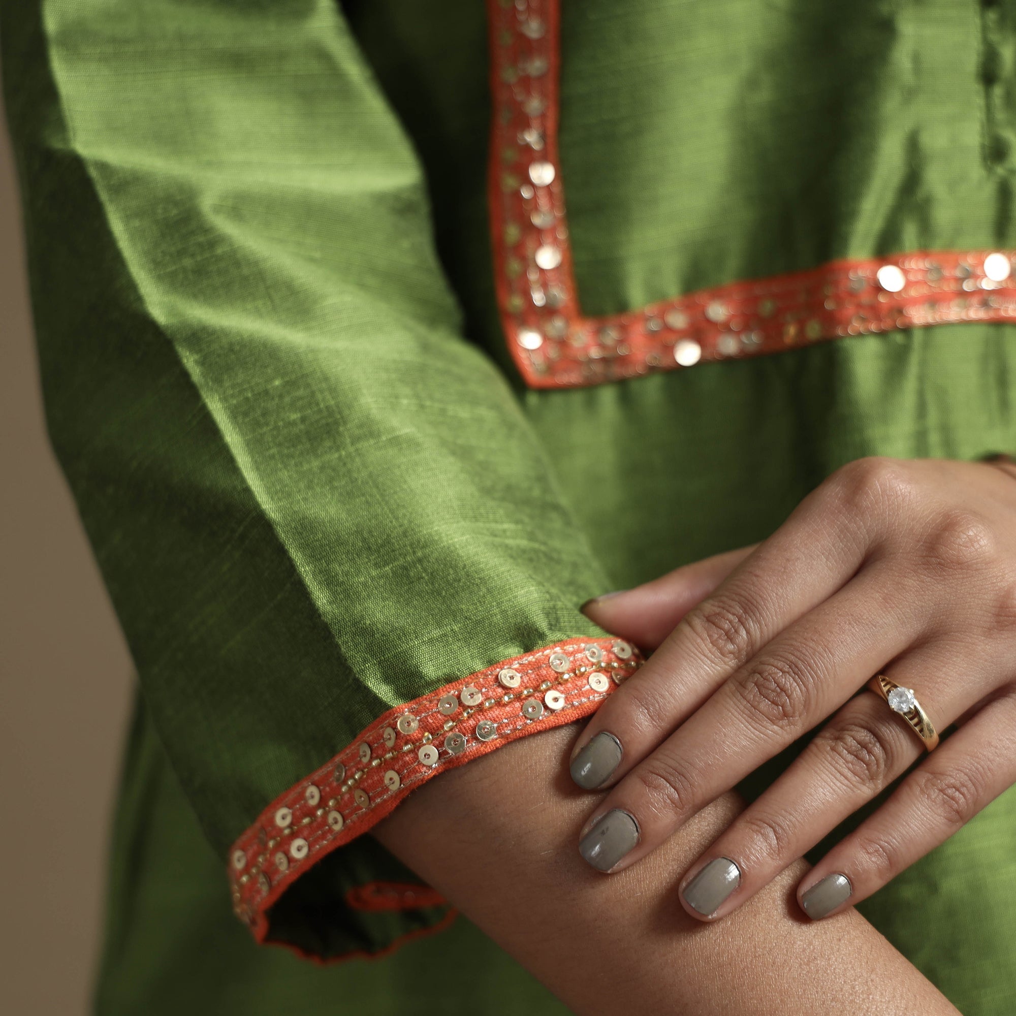 ITOKRI CASUALS Apple Green - Plain Solid Slub Silk A-Line Kurta with Beadwork Hand Embroidery Lace - view 5