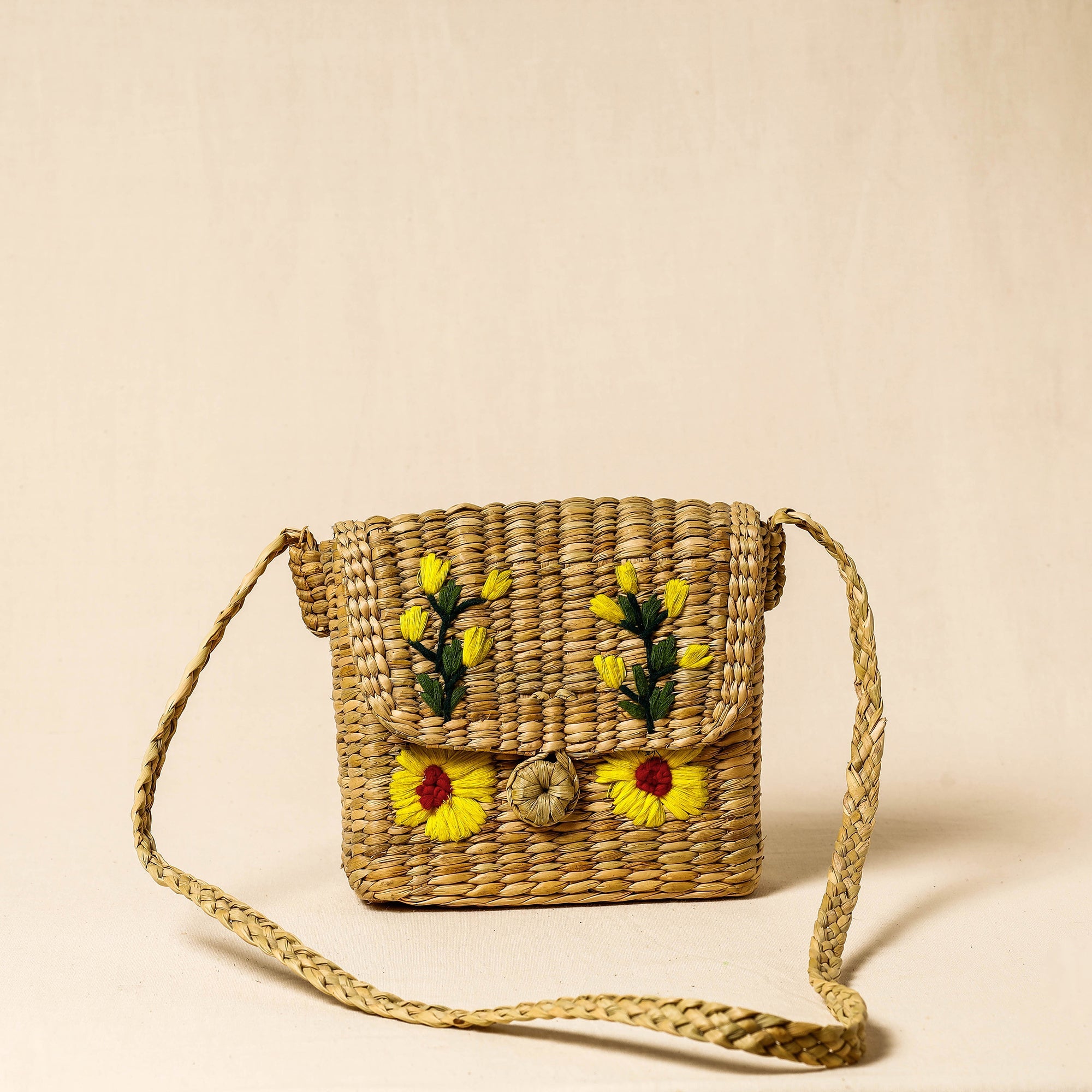 ITOKRI CRAFTS INITIATIVE Brown - Handcrafted Natural Water Reed Embroidered Sling Bag