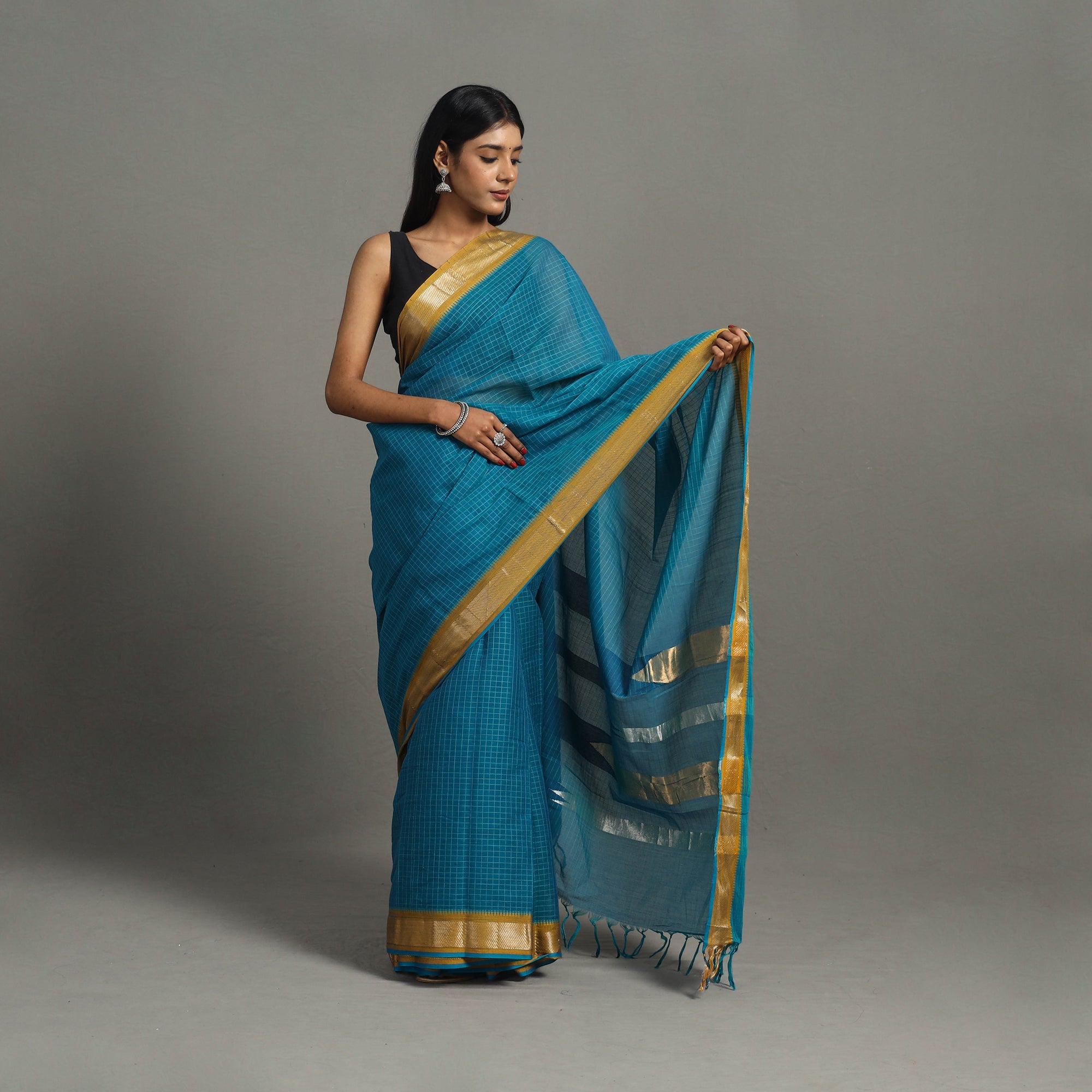 CREYO Blue - Checks Zari Dobby Cotton Handloom Saree 25 - view 2