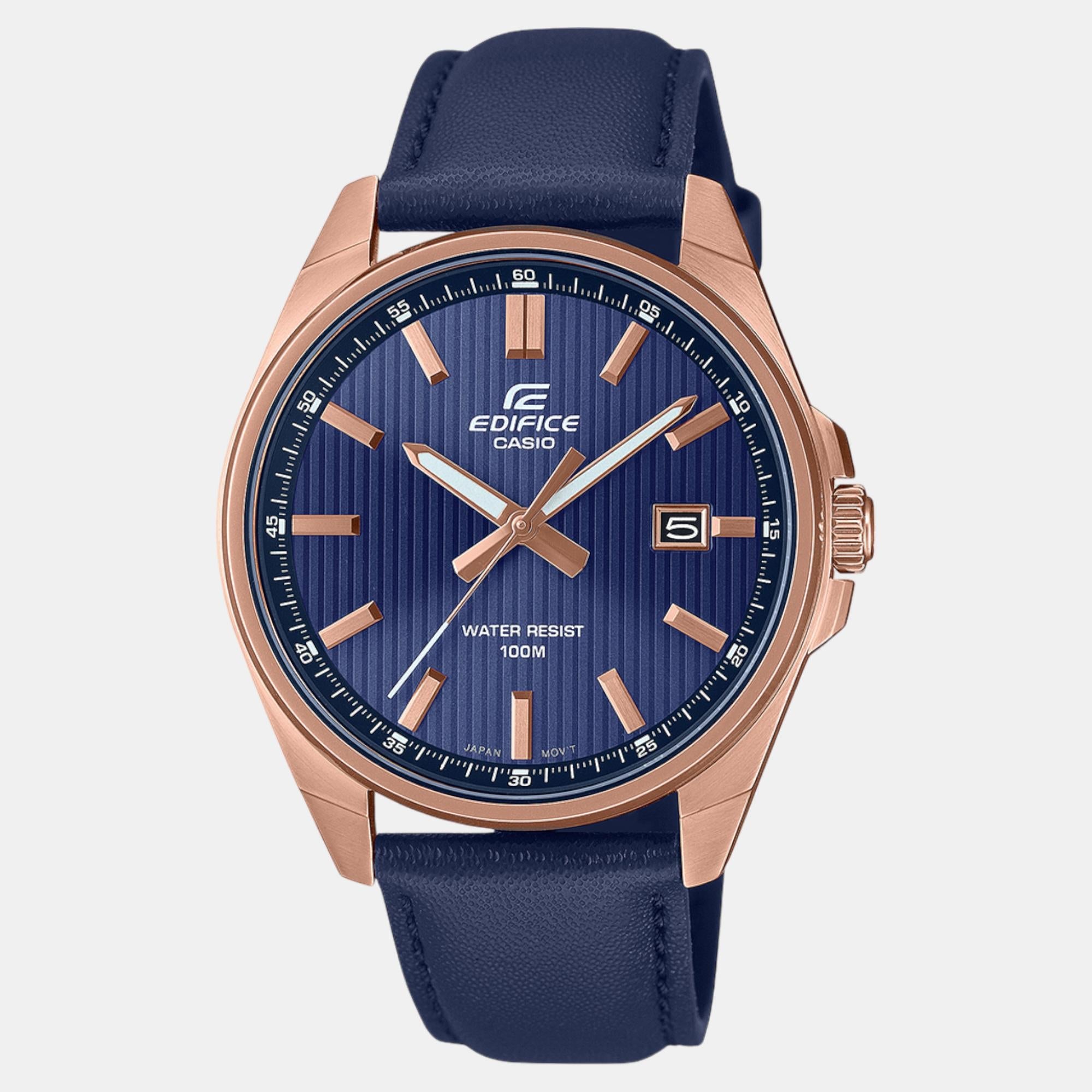 Casio Edifice Men Quartz Navy Blue Dial Analog Leather Watch ED617