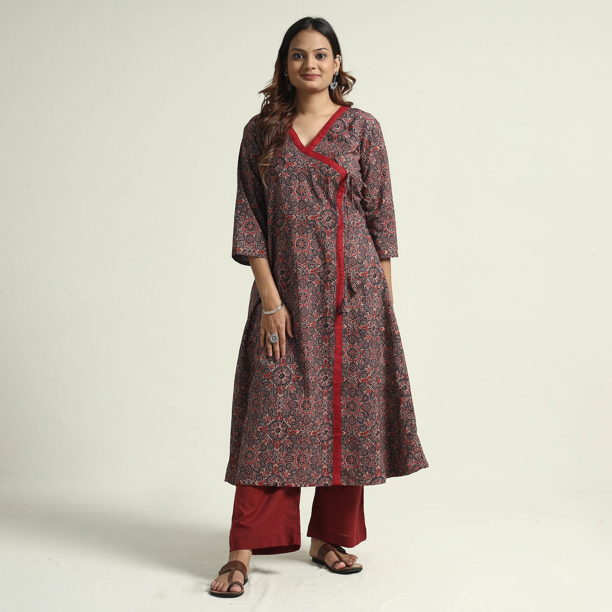 ITOKRI CASUALS Brown - Block Print Cotton Flared Ajrakh Kurta with Palazzo Set