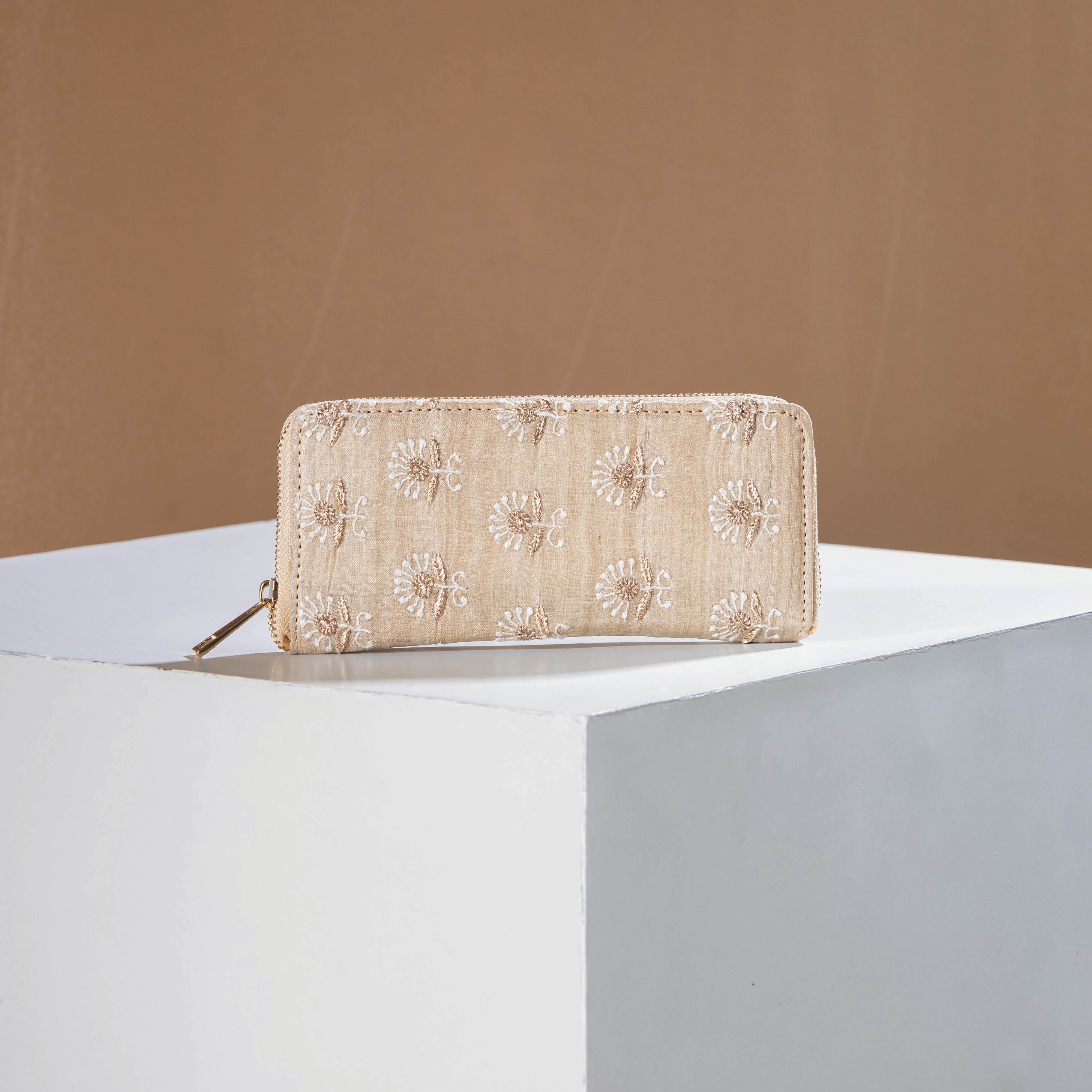 LAVANGG Beige - Chikankari Hand Embroidered Tussar Silk Wallet