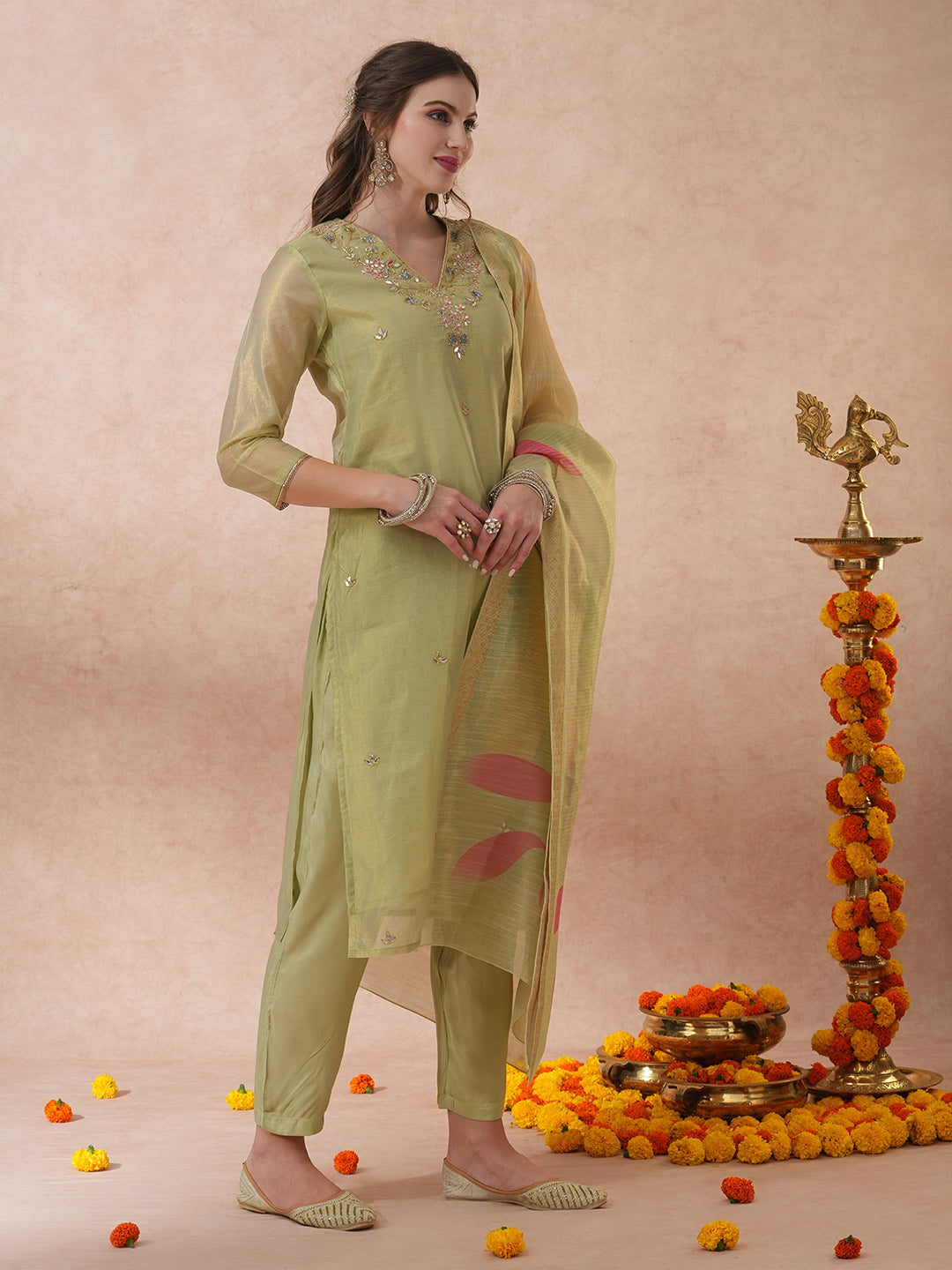 FASHOR Floral Hand Embroidered Straight Tissue Kurta with Pant and Dupatta - Mint Green