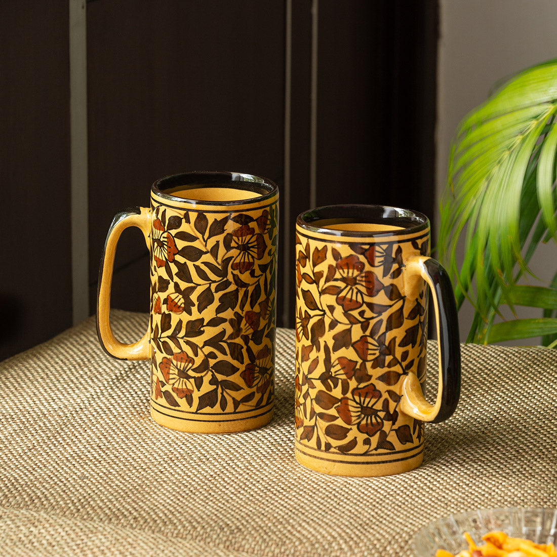 Milk beer mugs – EXCLUSIVELANE 'Mughal Floral' Handpainted Ceramic Milk & Beer Mugs (Set of 2, 460 ML, Microwave Safe)