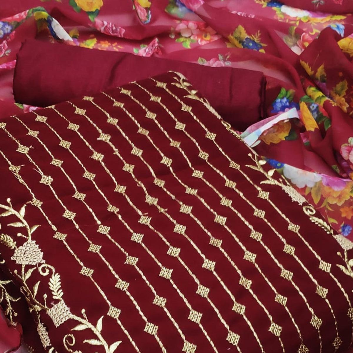 Peachmode Maroon Casual Wear Embroidered Georgette Dress Material - view 3