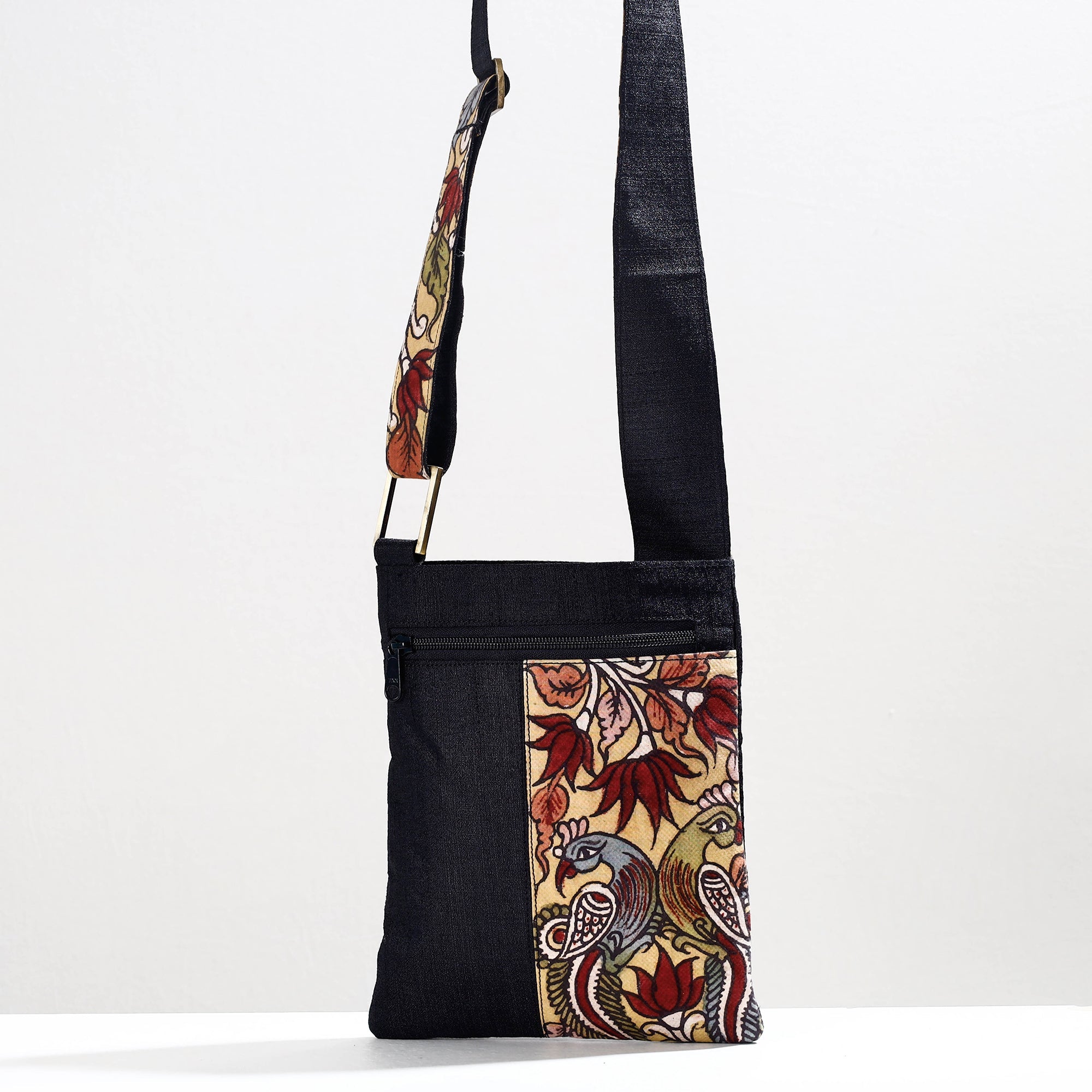 DWARAKA PLUS Black - Handpainted Kalamkari Natural Dyed Ghicha Silk Sling Bag