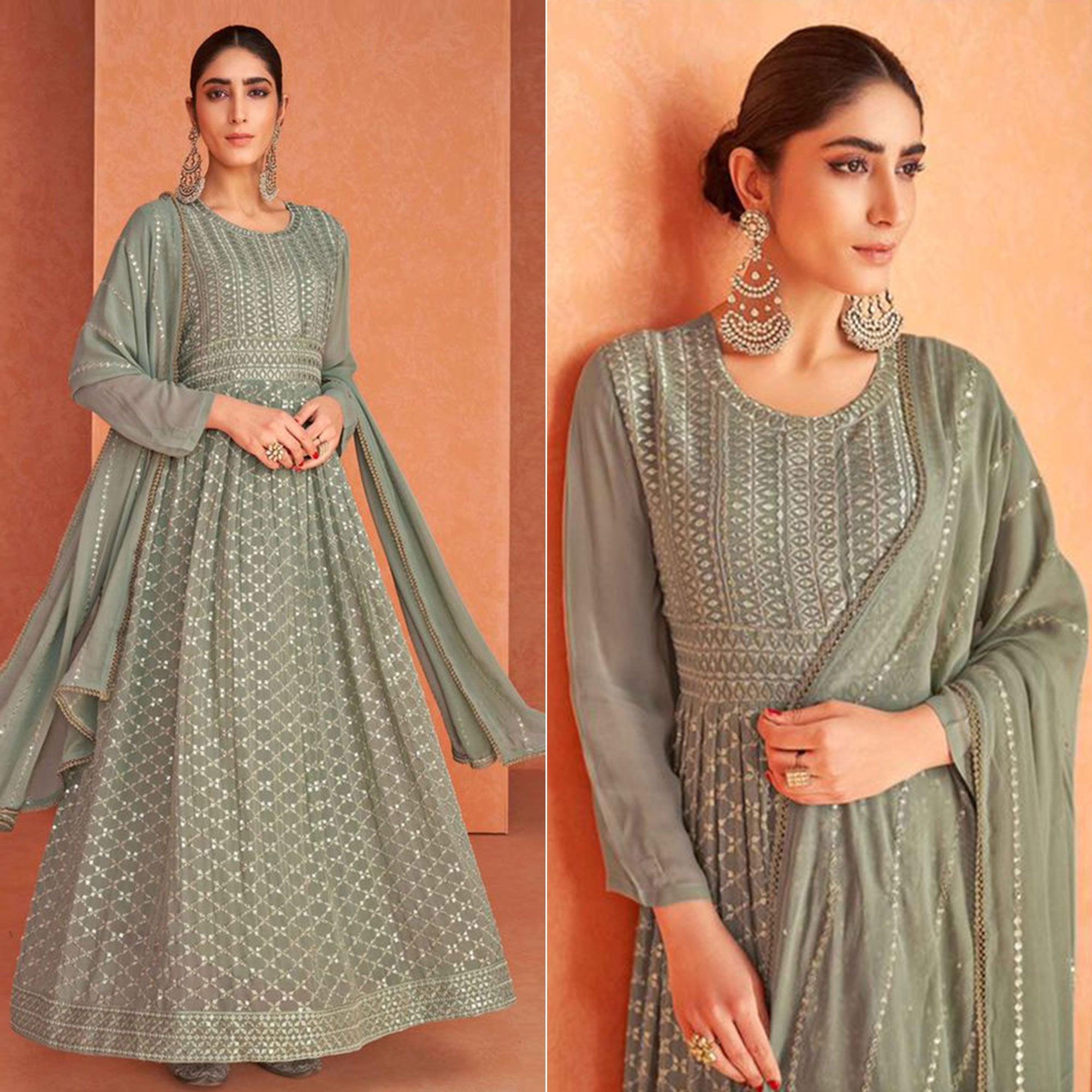 Peachmode Seller Mehendi Green Partywear Sequins Embroidered Georgette Anarkali Suit