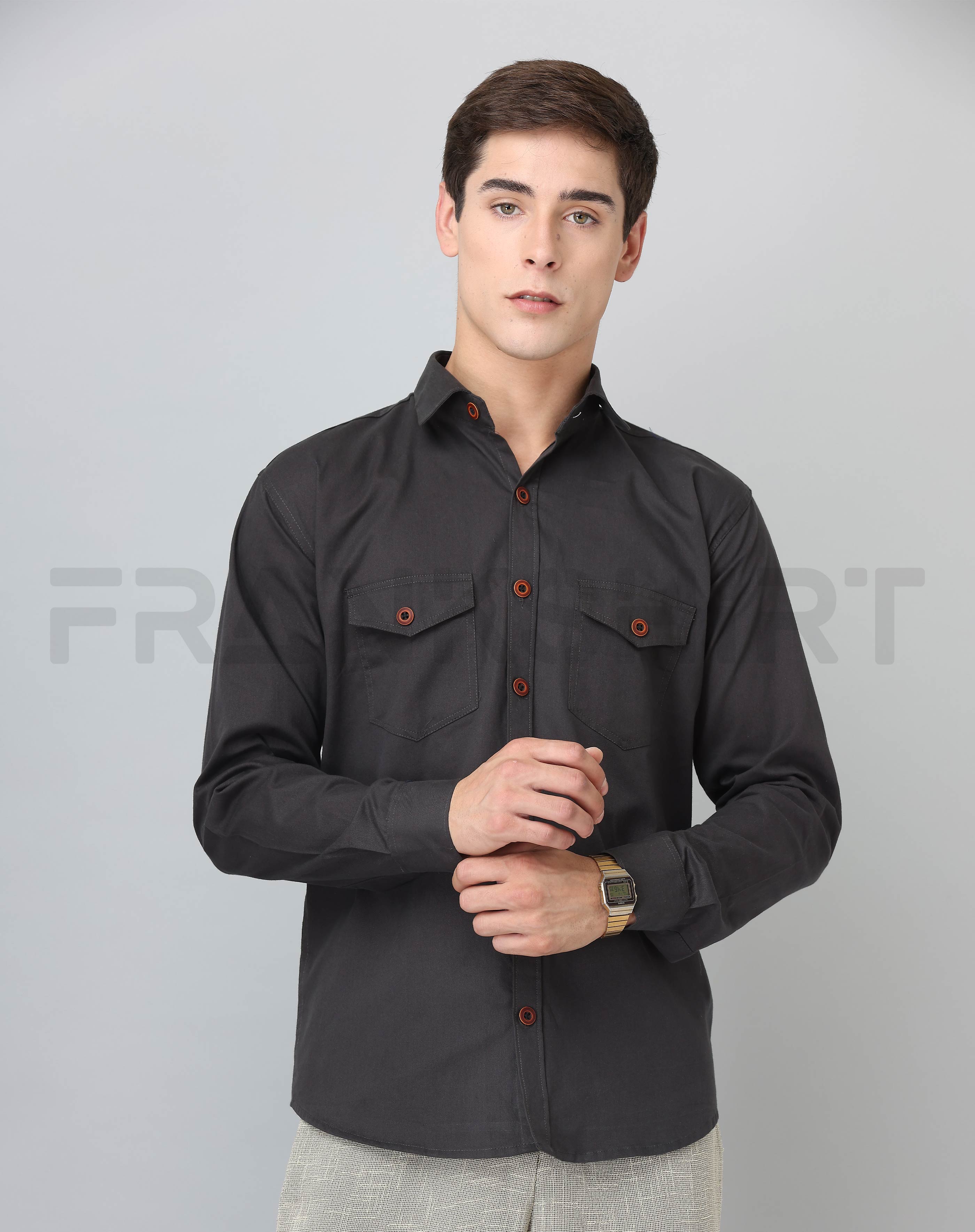 BlackTree Frankshirt Double Pocket Dark Grey Solid Tailored Fit Cotton Casual Shirt for Man - view 2