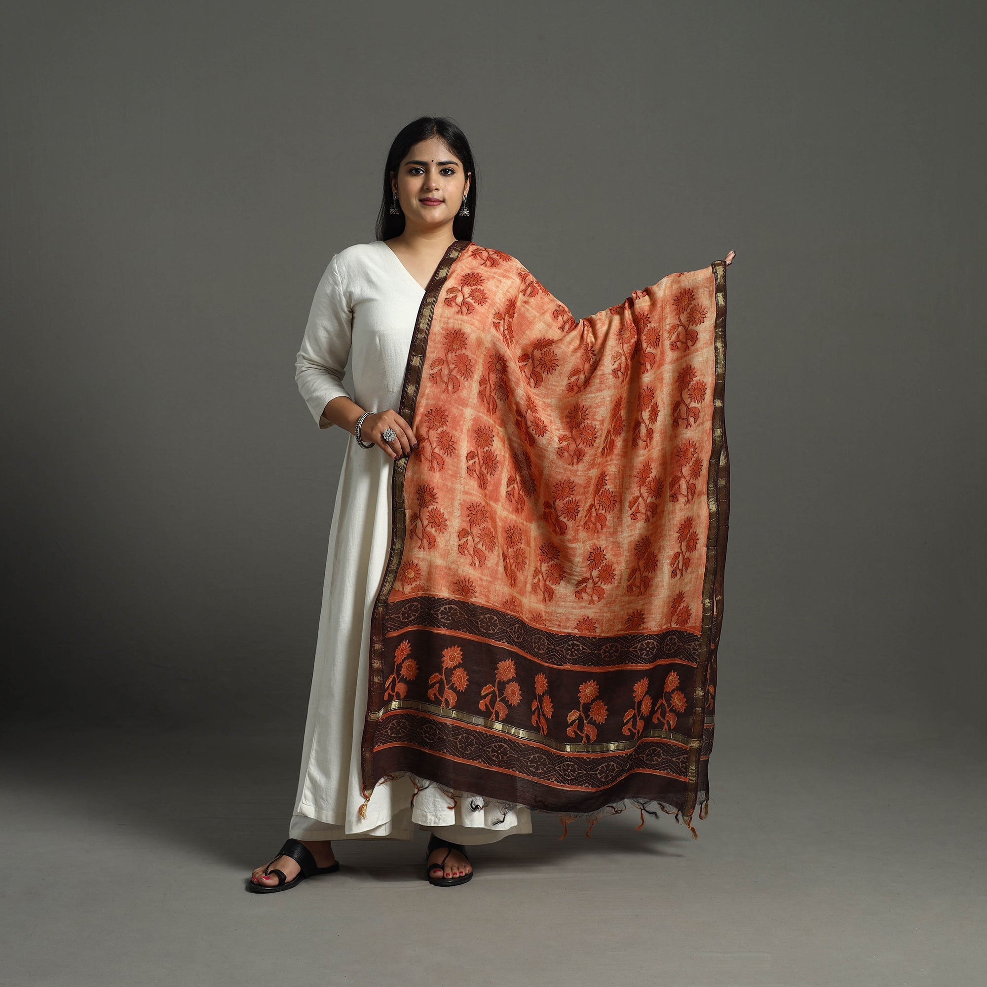 ARTISAN HAND BLOCK PRINTS Brown - Block Print Chanderi Silk Ajrakh Dabu Bagru Dupatta 09