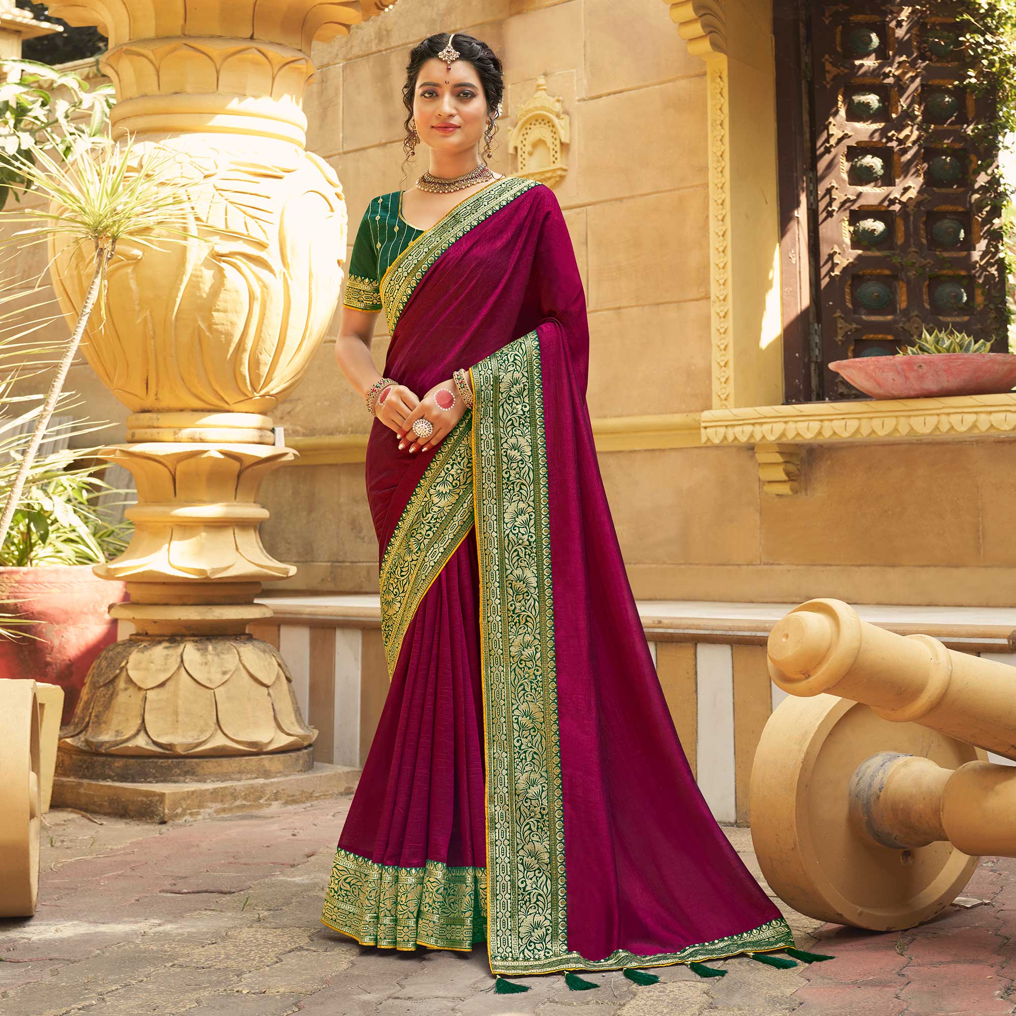 Peachmode Magenta Solid With Embroidered Border Vichitra Silk Saree