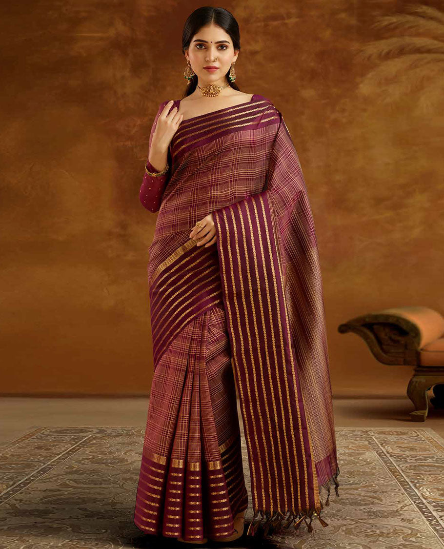 Vasundhara Lite-SilkÂ Mix Maroon checked Vasundhara elite silk saree, contrast traditional zari design border & intricate pallu
