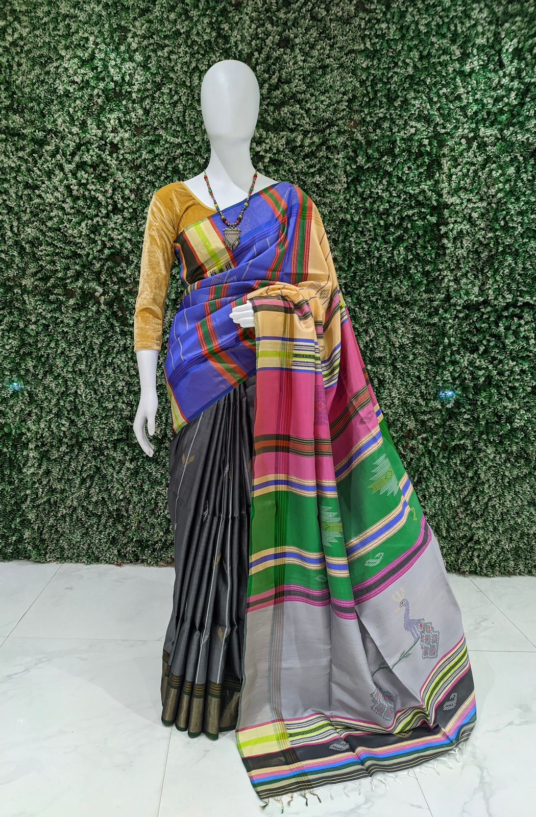 IndianVillèz Gray With Multicolor Handwoven Bishnupuri Silk Saree