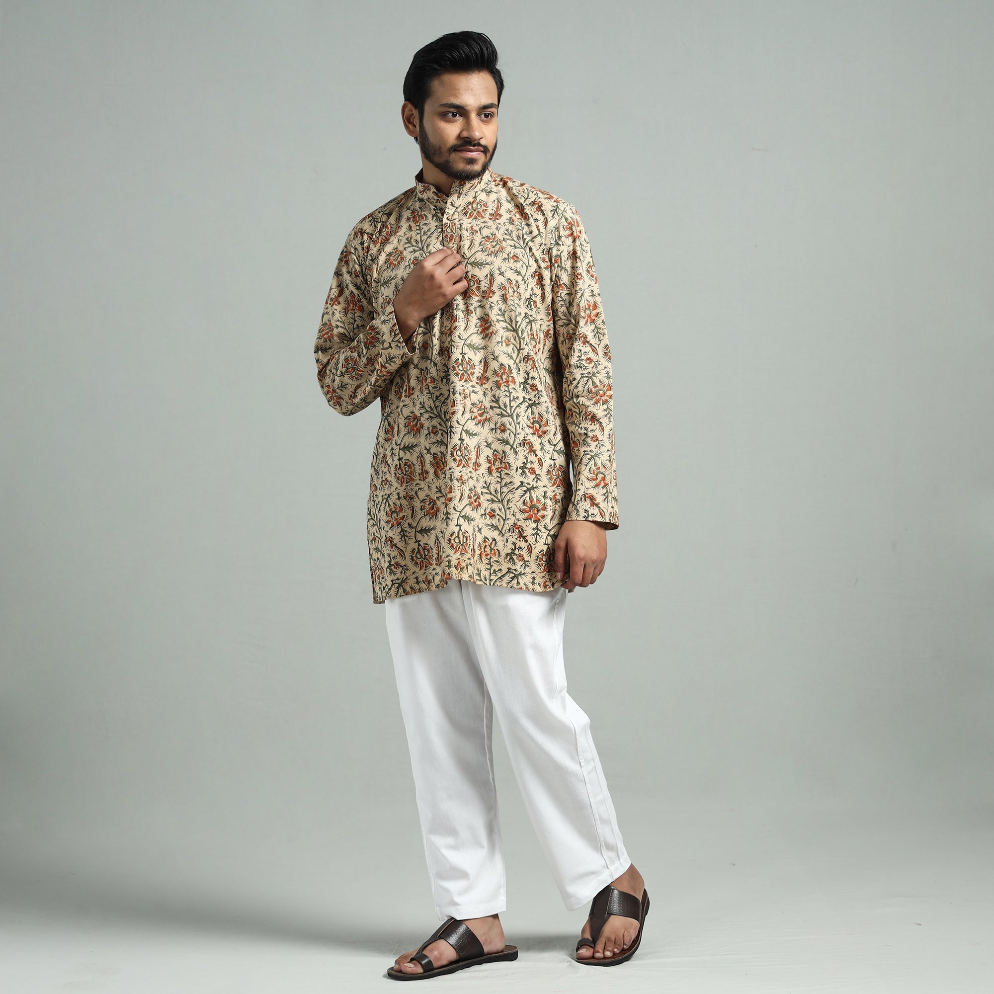 ITOKRI CASUALS Beige - Kalamkari Block Printed Cotton Men Short Kurta