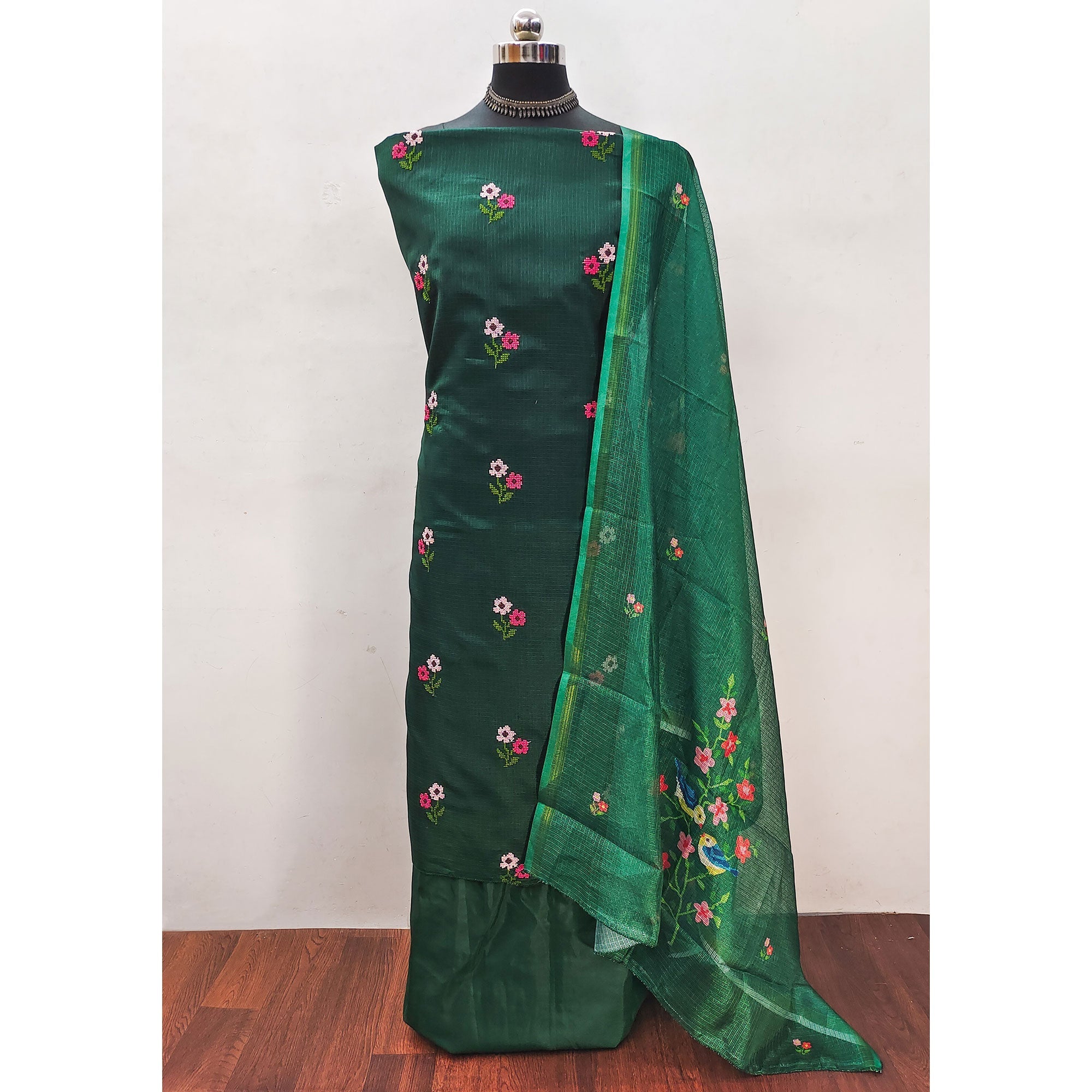 Peachmode Dark Green Floral Embroidered Kota Doria Dress Material - view 3