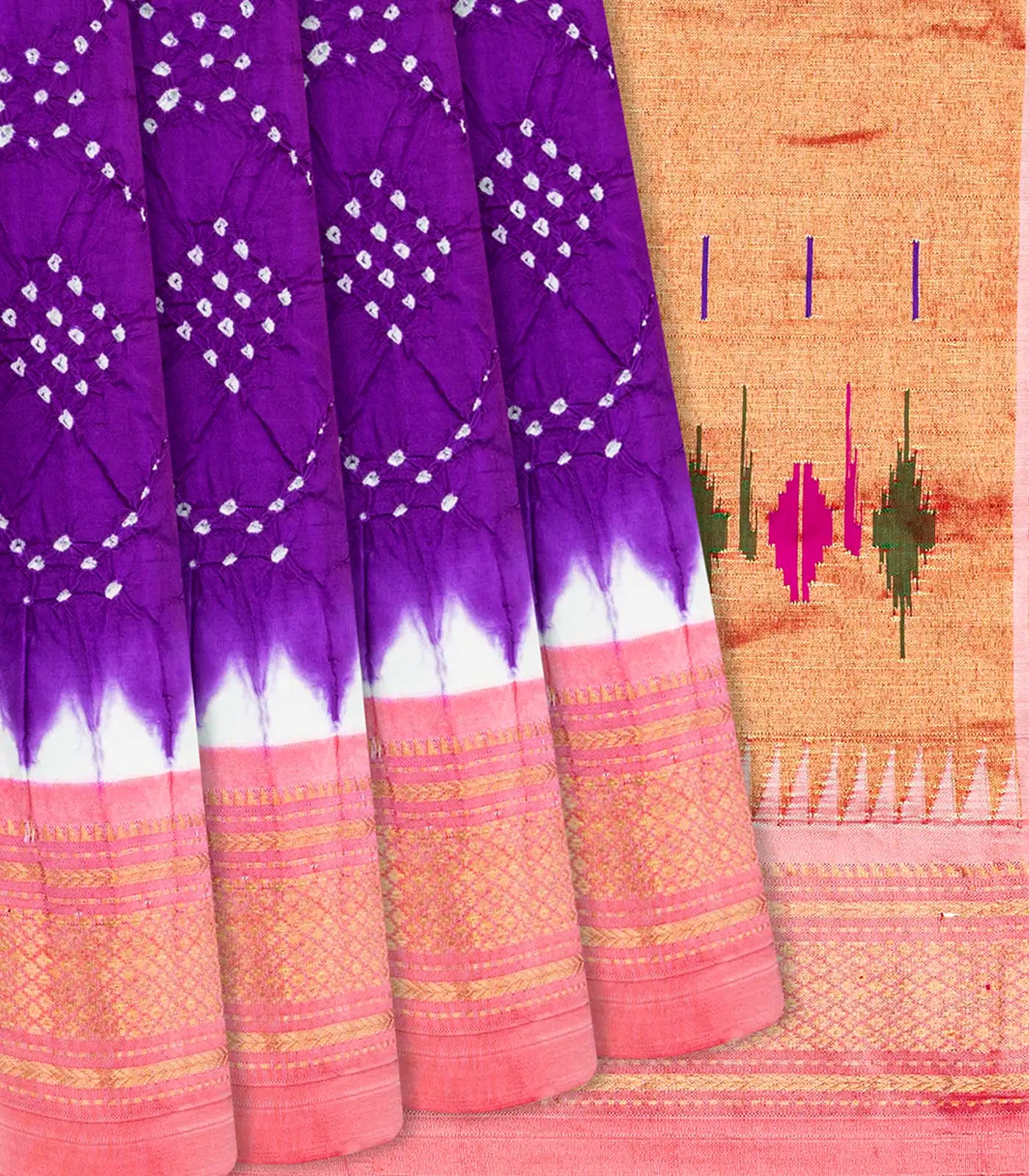 RmKV Purple Handwoven Bandhani Silk Saree With Paithani Pallu-Purple