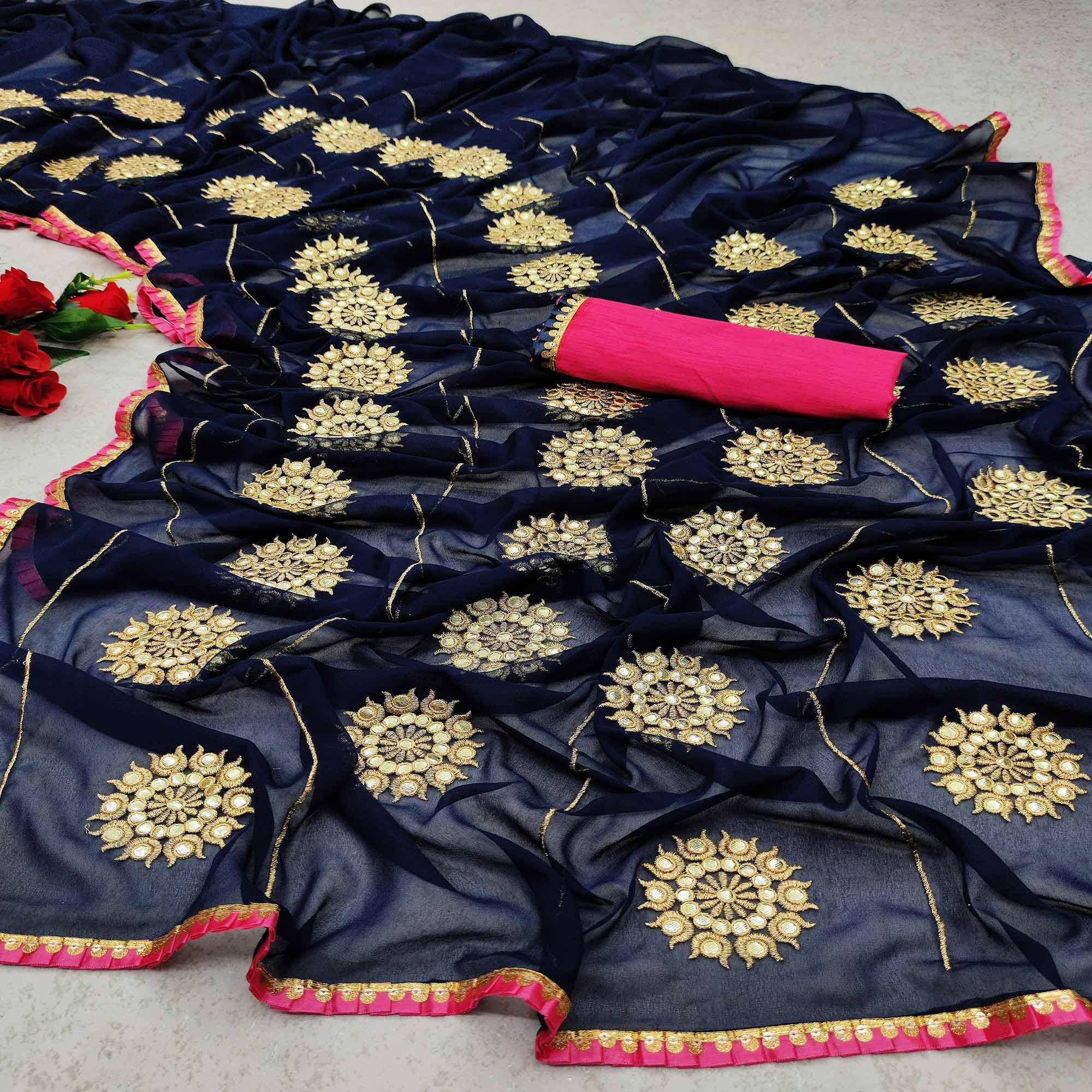 Peachmode Glorious Dark Blue Colored Partywear Embroidered Georgette Saree