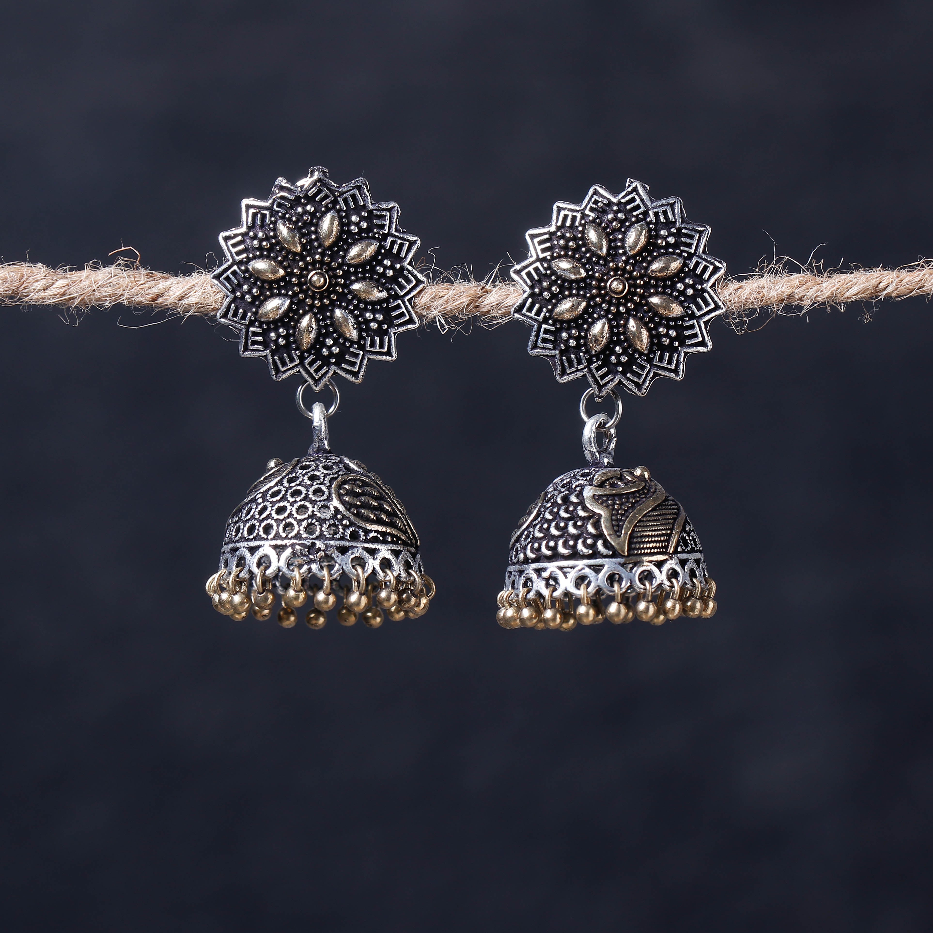 WHITE RIVER STORIES Antique Silver Finish Oxidised Brass Base Jhumka Earrings