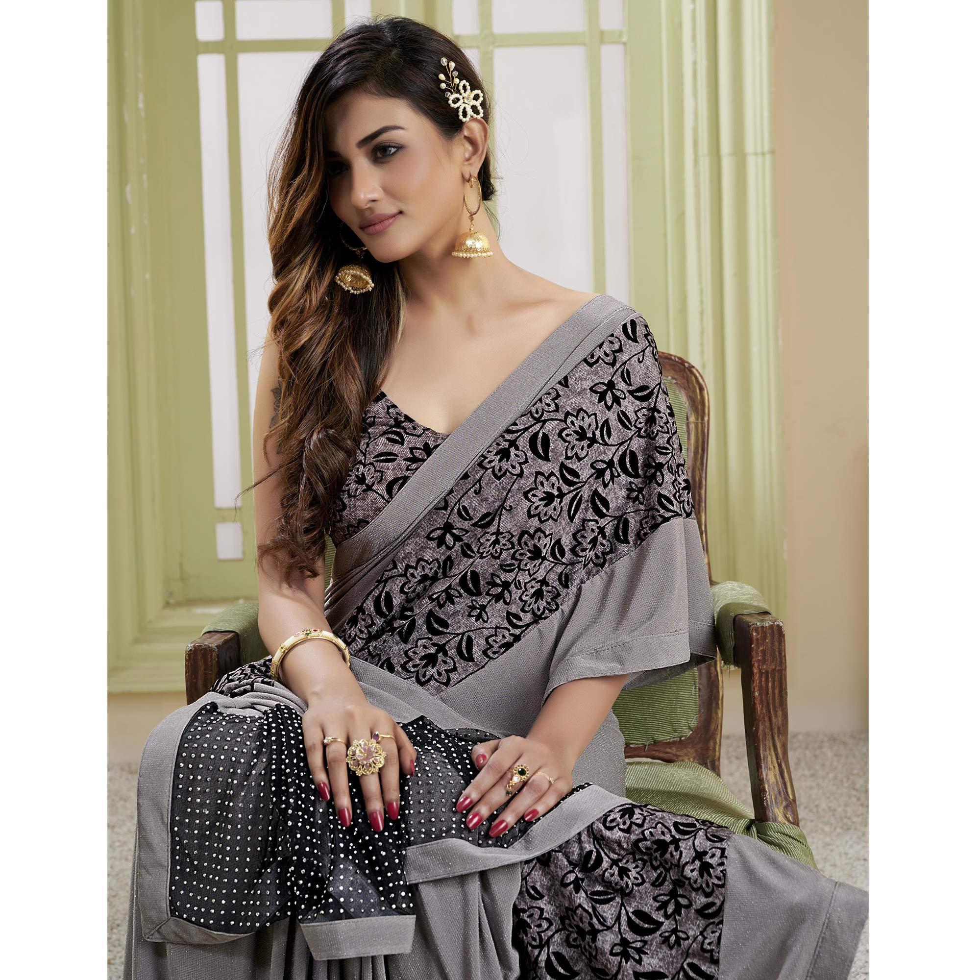BlackTree grey-party-wear-embellished-lycra-saree-140218 - view 5