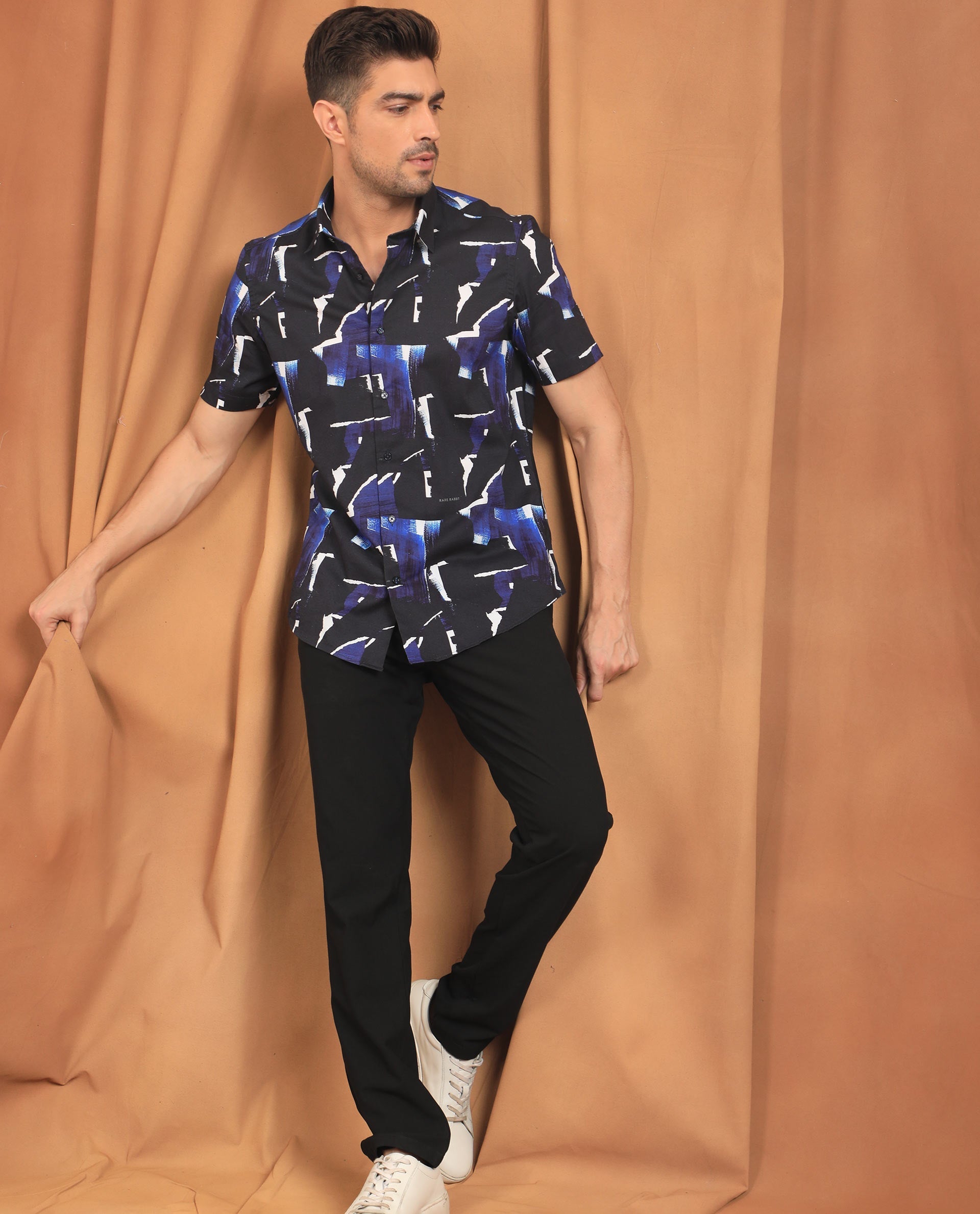 Rare Rabbit Men's Canva Blue Viscose Fabric Geometric Print Half Sleeves Shirt - view 2