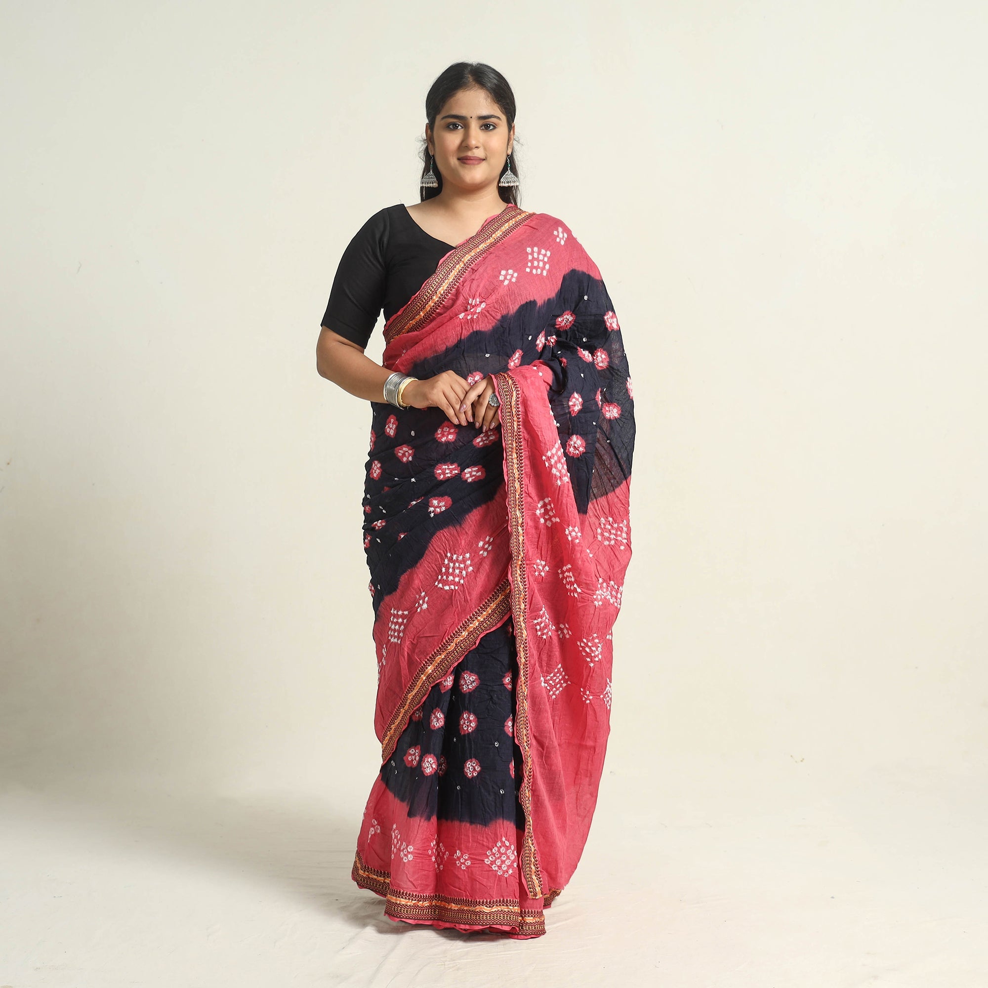 KACHCHH JI CHHAAP Black - Kutch Tie-Dye Cotton Bandhani Saree with Blouse Piece 57