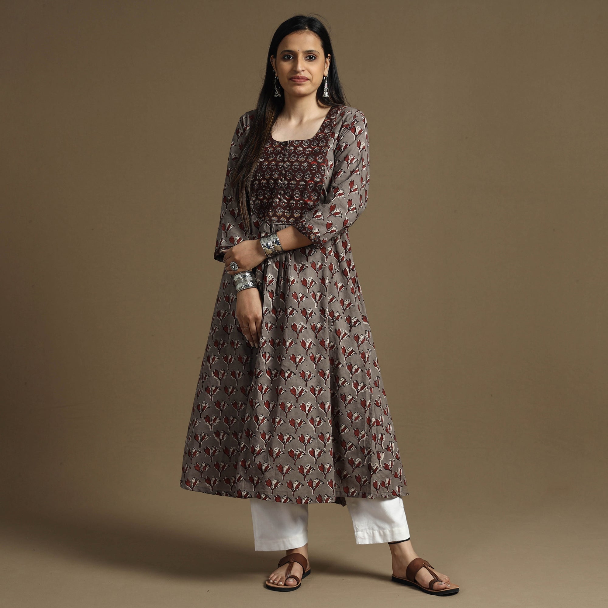 ITOKRI CASUALS Brown - Bagru Hand Block Printed Cotton A-Line Long Kurta - view 2