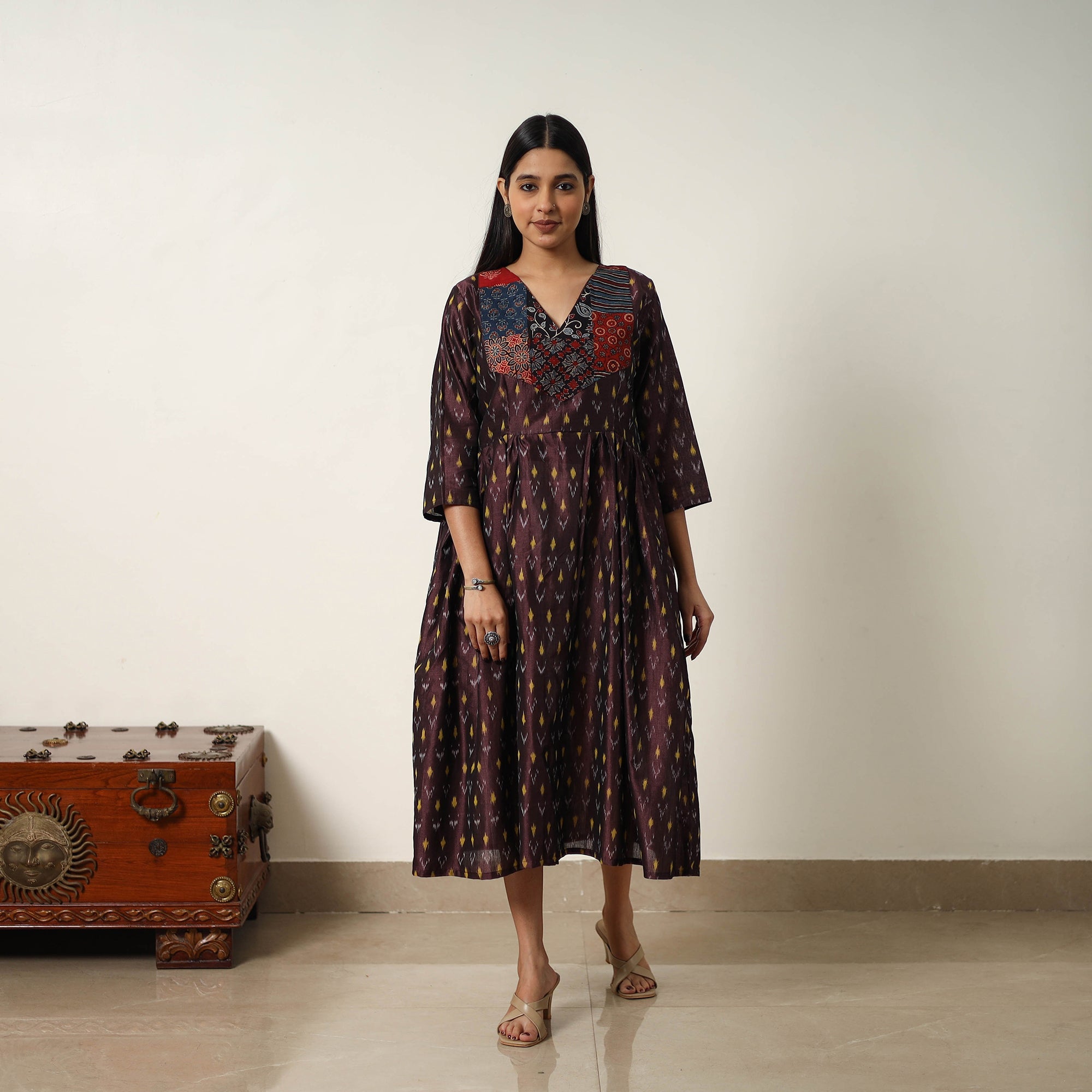 ITOKRI CASUALS Brown - Mercerized Cotton Flared Pochampally Ikat Dress 03 - view 2