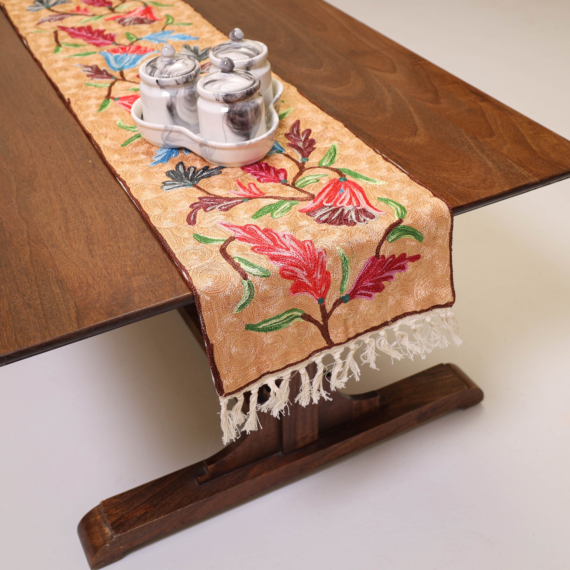 ITOKRI CRAFTS INITIATIVE Beige - Original Crewel Wool Hand Embroidery Table Runner (47 x 12 in) 16